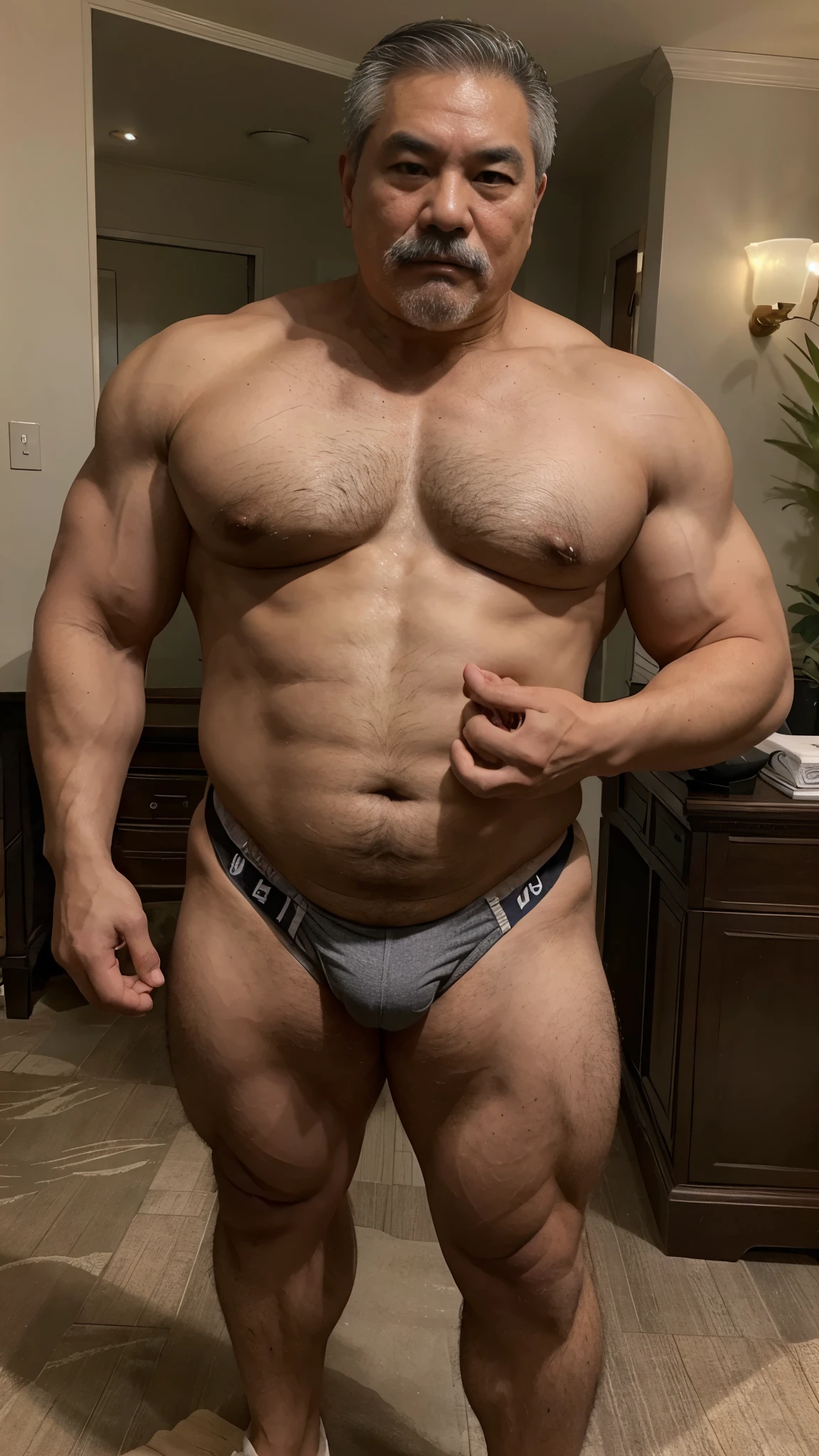 A Vietnamese grandfather with gray hair, mature face, a thick mustache, a short chin beard, bear body, wearing a massive bulging gray jockstrap standing at the president room, big muscular chest, a sexy pose.