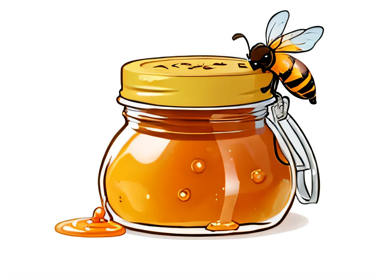 a close up of a jar of Honey with a bow on the top, jar of Honey, Honey, marmalade, Honey and bee hive, jar, drawn image, made of Honey, syrup, Glass Kan, dripping Honey, wearing Honey, jelly, clip art, caramel, Honey dripping, Cartoon image, intermediate art, line art, clip art icon, manuka