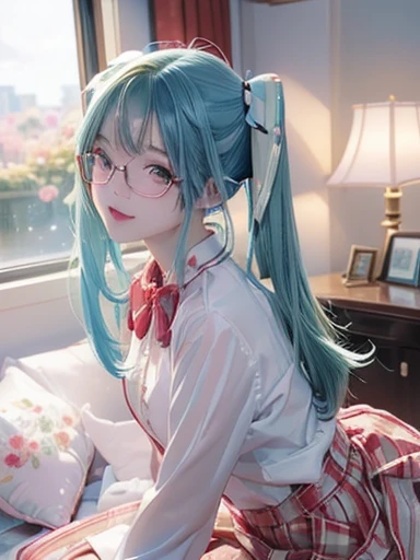 big butt、 (alone:1.2,)、Super detailed,明るいcolor, very beautiful detailed anime face and eyes, look straight,  shiny_skin,girl, (((虹colorの髪,, half green、half blue hair: 1.2)))、shiny hair, delicate beautiful face, blush、(turquoise eyes), White skin, Valletta, cute earrings,、Lady's room、on the red bed、Sunset shines through the window、(((Floral、赤colorブラウス、Floral、checked skirt,)))、twin tails、smile、happy face、face dyed red、color々pose、Glasses