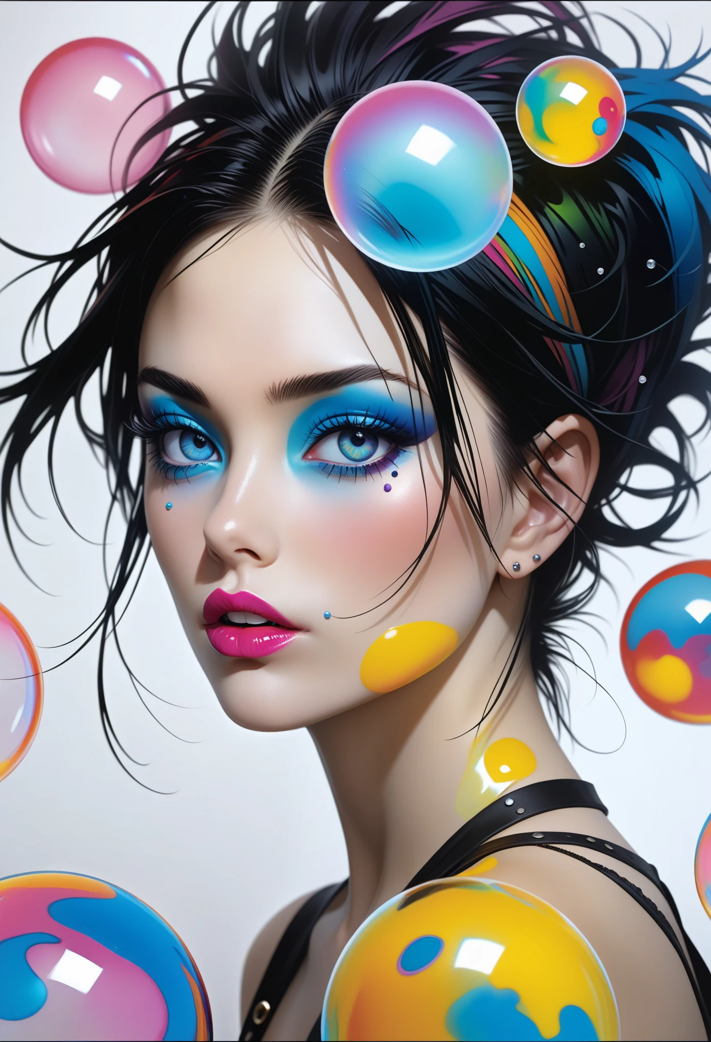 samdoesarts style drunken beauties like delirium in sandman, (Colorful soap bubbles that create hallucinations), author:Jeremy Mann, by Sandra Chevrier, author:Dave McCann (Dave Mckean)、Richard Avedon (Richard Avedon) and Maciej Kuciara (Maciej Kuciara), Punk rock, girl, high detail, 8K