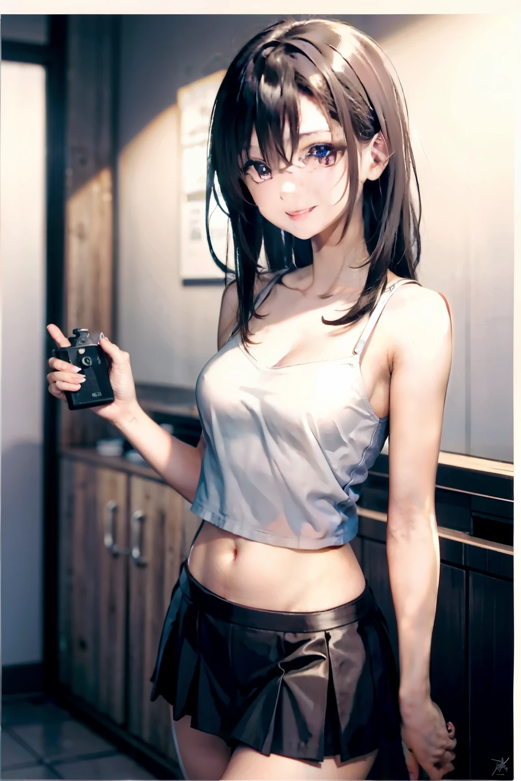 ((Masterpiece)),((High quality)),((High resolution)),((Extremely accurate and detailed representation of the human body)), Wearing a short white camisole on the upper body, gray pleated skirt on the lower body, exposing the navel. Holding a game controller in the right hand. Medium-length hair, narrow-eyed, slim, small-chested woman of 25 years old, with a triumphant smile.