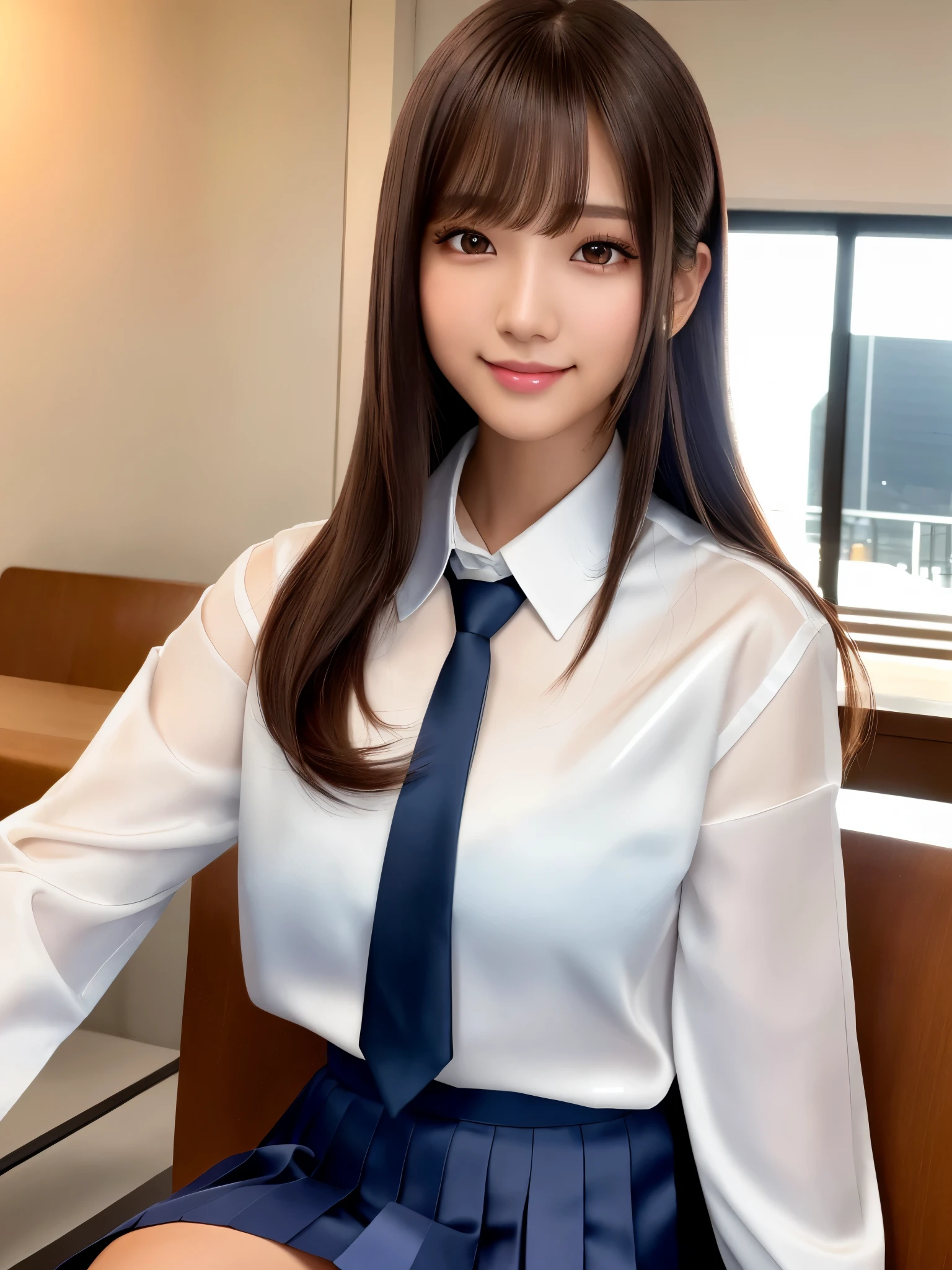product quality, 1girl, upper body shot, front view, a Japanese young pretty girl, long bob hair, sitting with a big smile on a chair in a crowded restaurant in the sunset, glamorous figure, wearing a white collared shiny satin shirt of long sleeves, shiny satin dark blue plain long tie, dark blue pleated long skirt, hyper cute face, glossy lips, double eyelids in both eyes, natural makeup, long eyelashes, shiny smooth light brown long bob hair, asymmetrical bangs, a tanned skin, central image, high resolution, high detail, detailed hairstyle, detailed face, spectacular cinematic lighting, octane rendering, vibrant, hyper realistic, perfect limbs, perfect anatomy