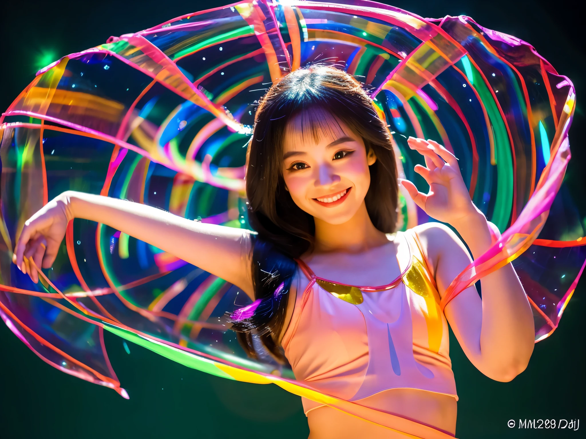 A beautiful thai woman, wearing glass ballet shoes and transparent glass silk, with a shy smile and transparent hair, jump ballet dancing with holding a transparent flute made of fluorescent lines shaped, with musical symbols sparkling in the background. The goddess of rhythm, emitting soft colorful tones against a calm background, creates a stunning visual experience, illuminated by focused light, with her large and round upper body