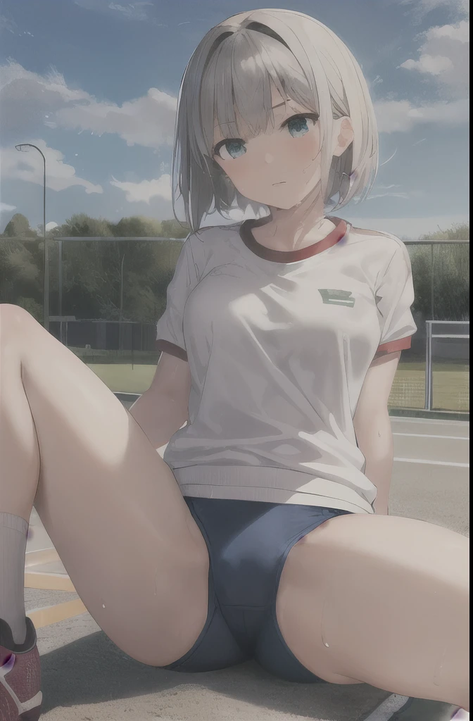 1 girl,alone,Youmu,white shirt,white socks, Gym suit,Dark blue bloomers, sports shoes, sitting, spread legs,schoolyard,outdoor, blue sky,Sweat, front elevation
break
(masterpiece, highest quality,Super detailed,)