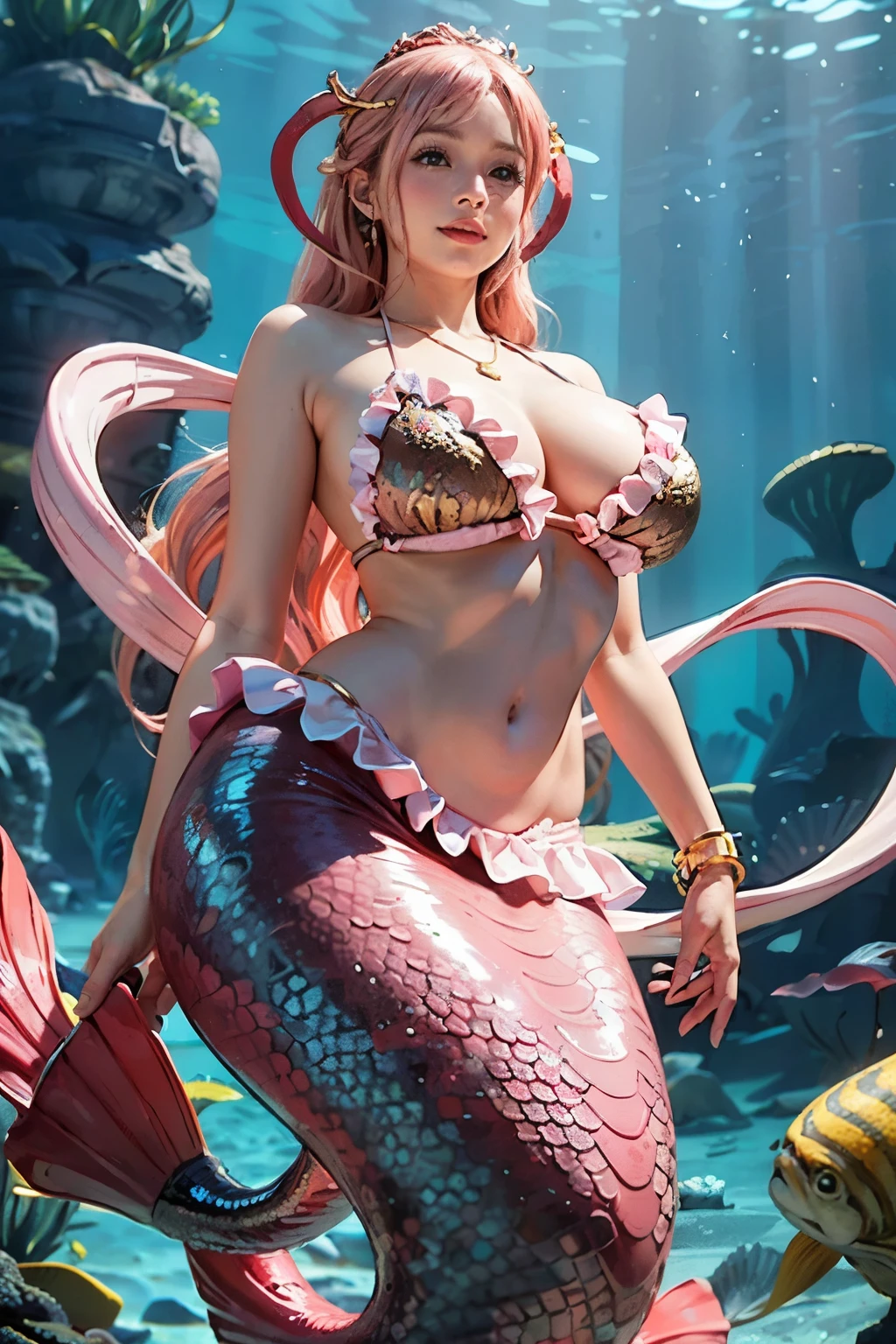 (Shirahoshi:1.2), (mermaid:1.2), scales of fish, light pink and red stripe scales, large scales, ((masterpiece:1.4, best quality)), ((masterpiece, best quality)), (photo realistic:1.4), 1girl, (giant woman), ((ultra gigantic tits)), Japanese actress, swim underwater, ((glossy skin, gold scale bikini, floating hair, light pink hair, long hair, hagoromo, jewelry, frills)), ((hair rings:1.2)), hair ornament, big black eyes, cute, young, swimming, cute smile, underwater: 1.2, from below, professional lighting, physically-based rendering, Shining necklace, shining hair, shining skin, ((Colossal tits)), huge breasts, 15 meter tall, colorful coral