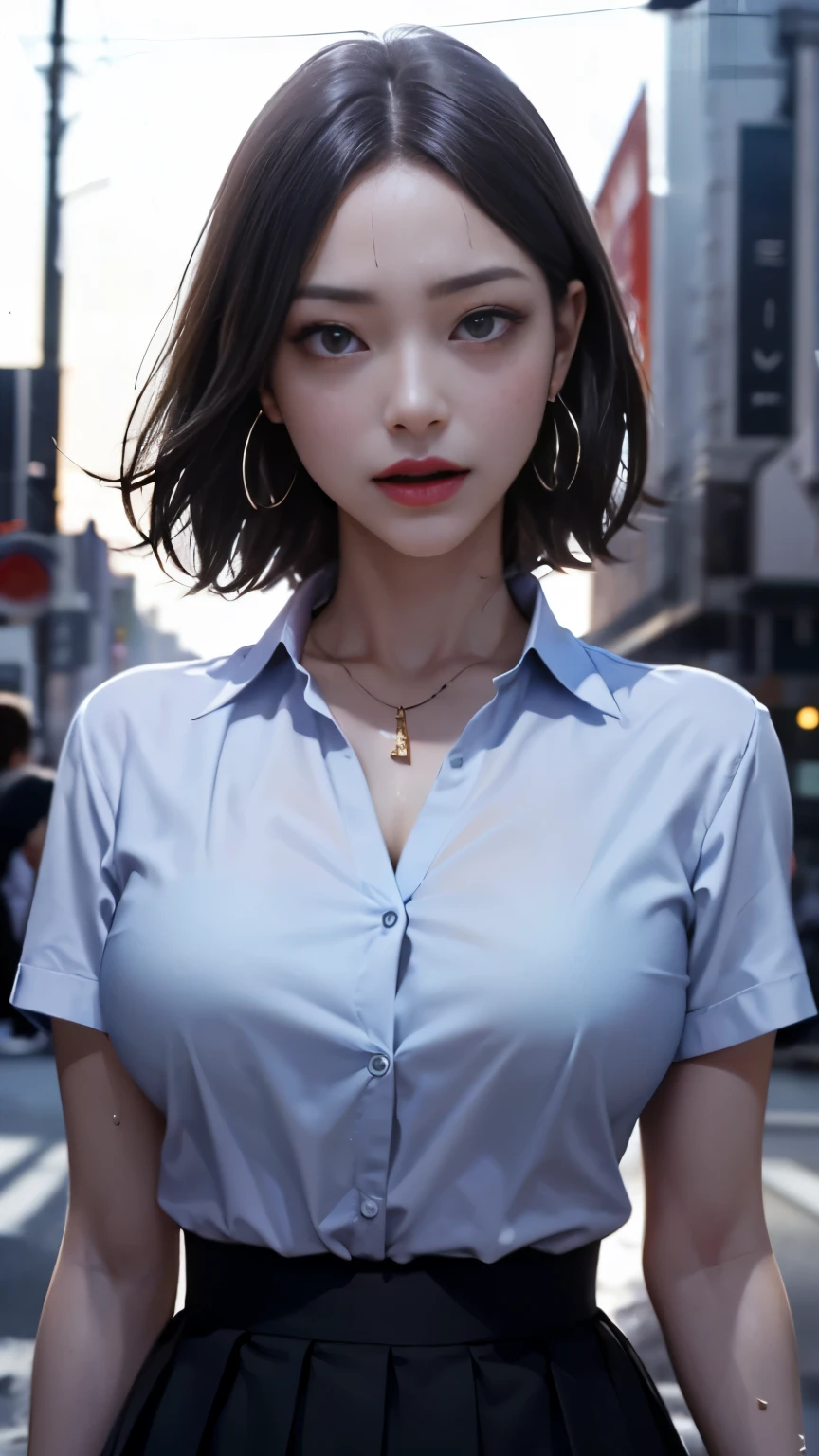 ((Best quality, 8k, Masterpiece: 1.3)), Sharp focus: 1.2, A beautiful woman with perfect body: 1.4, Slim abdomen: 1.2, ((Layered haircut, Large breasts: 1.2)), (no bra) (Small and beautiful hard nipple) (Thin and damp button up to shirt length: 1.1), (White shirt wet by rain), (Rain, Street: 1.2), Wet body: 1.1, Highly detailed face and skin texture, Detailed eyes, Double eyelid,