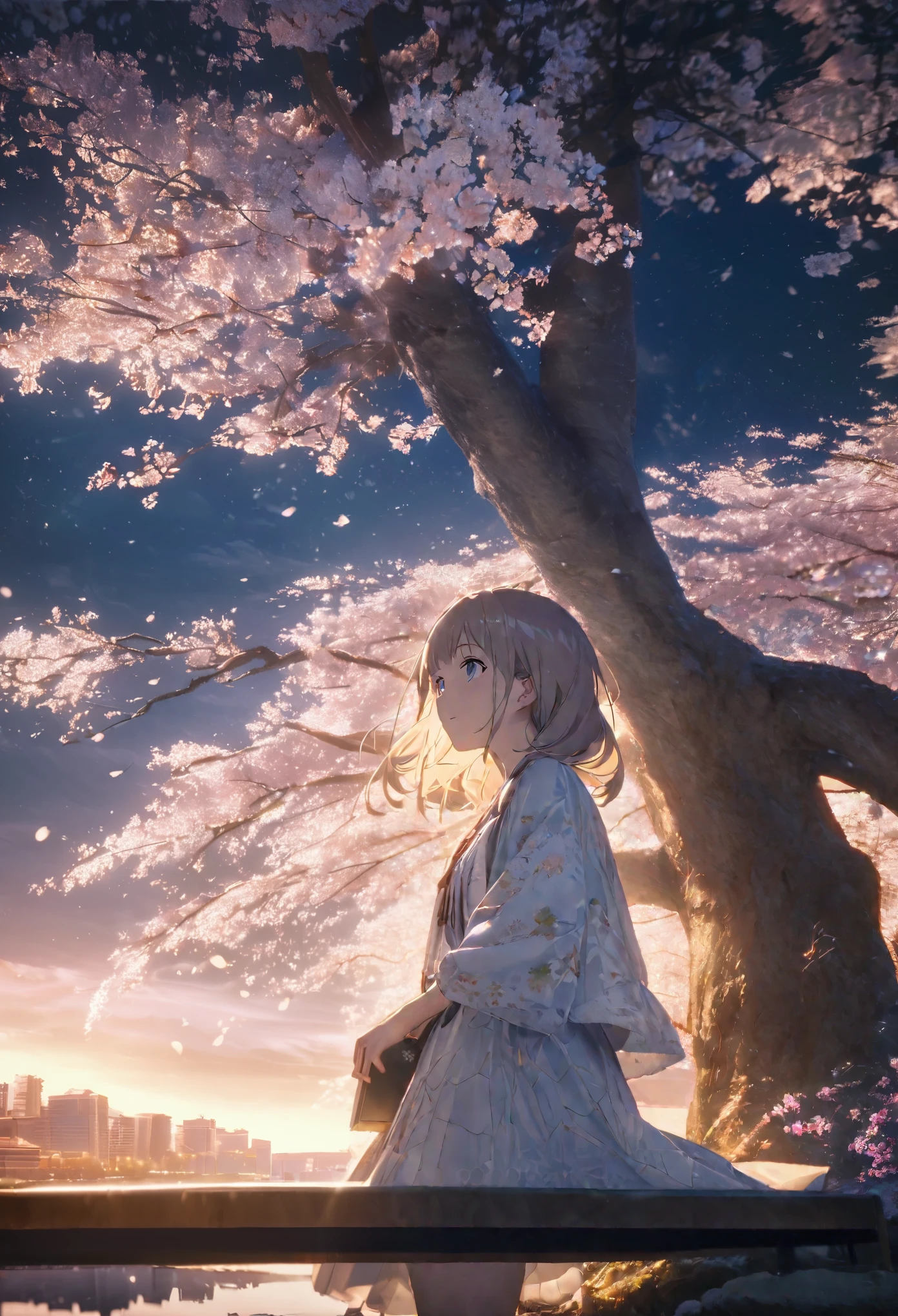 (8K、Raw photo、highest quality、look up:1.2、masterpiece:1.2、genuineistic、ultra high resolution、high contrast、photon mapping、genuine、Super detailed、official art, Raw photo、professional lighting、 light、Vivid atmosphere、twicelight)
title: 「spring silence」
explanation: This beautiful anime scene、It depicts a lakeside area on the outskirts of the city, giving the feeling of the arrival of spring.。The lake surface is beautiful and clear、The rows of cherry blossom trees are swaying in the wind and snowflakes are falling.。In the distance, a futuristic city appears like a mirage.、Beautiful cloud patterns decorate the sky。The starry sky spreads out at night、It depicts a girl reading a book under a tree.。
The girl is reading a book quietly by herself.、looking forward to the future。Her beautiful features and perfect proportions stand out、彼女の繊細な表情がspring silenceと調和しています。ピンクのヘアファスニングがlightブラウンのポニーテールに映え、It brings out her girlish charm.。
This scene is、Calm your mind on a quiet spring day、It depicts enjoying the beauty of nature and peaceful time.。