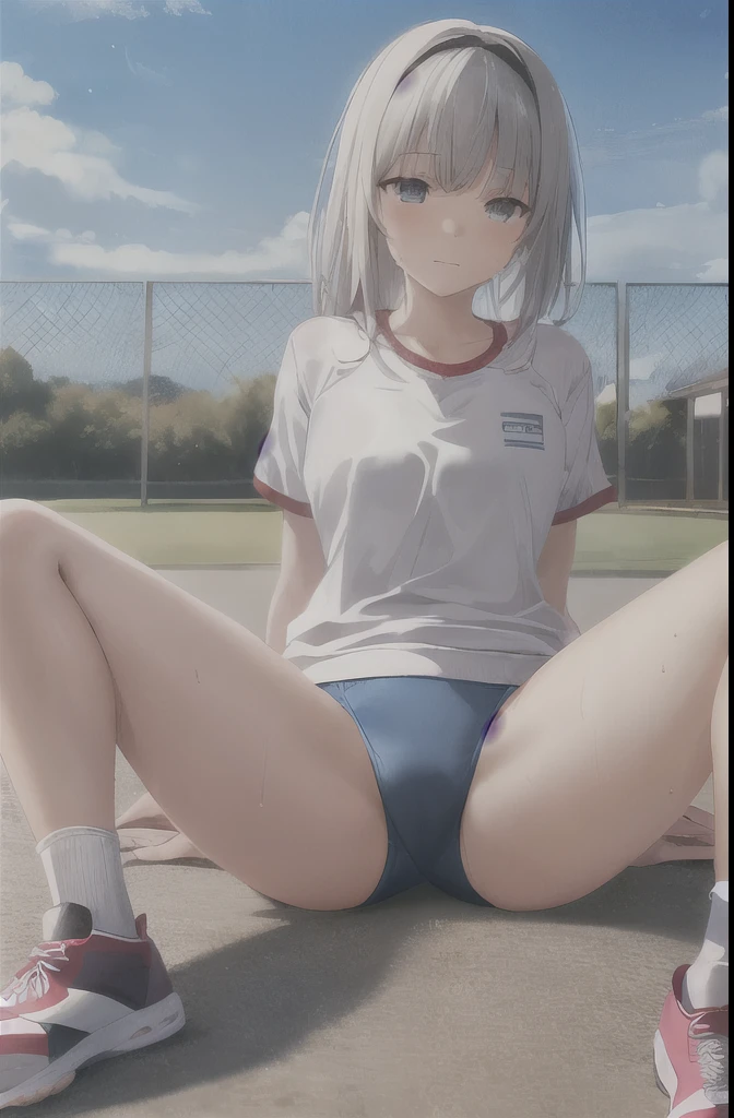 1 girl,alone,Youmu,white shirt,white socks, Gym suit,Dark blue bloomers, sports shoes, sitting, spread legs,schoolyard,outdoor, blue sky,Sweat, front elevation
break
(masterpiece, highest quality,Super detailed,)