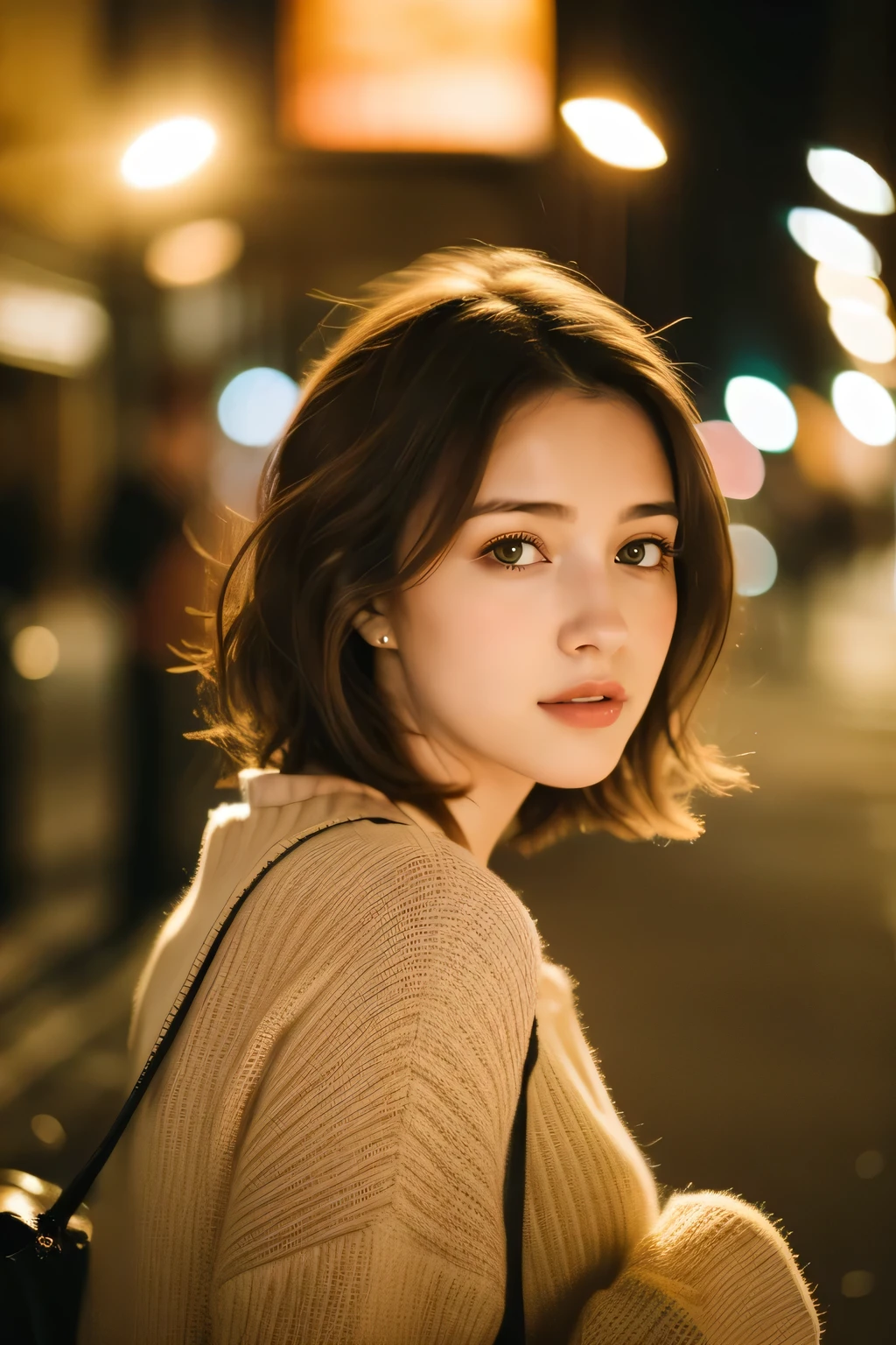 1 woman,An expression that cannot bear loneliness,dynamic pose,30s,(disheveled hair:1.2),shiny skin,wearing a white t-shirt, (ear piercing:0.5), (necklace:0.5), (looking at each other), romantic couple,masterpiece, best quality, 8 thousand, 1 girl, city street at night, 18, medium chest, slightly open mouth, cute, alone, sad, Clothes that are suitable for fall, cute, feminine, delicate girl, neat and clean beauty, RAW photos, professional photography, portrait, soft light, professional lighting, backlighting, whole body, see who sees, elaborate, film grain, (Detailed eyes and face:1.0), short hair swaying in the wind, beautifully flowing brown hair, forehead