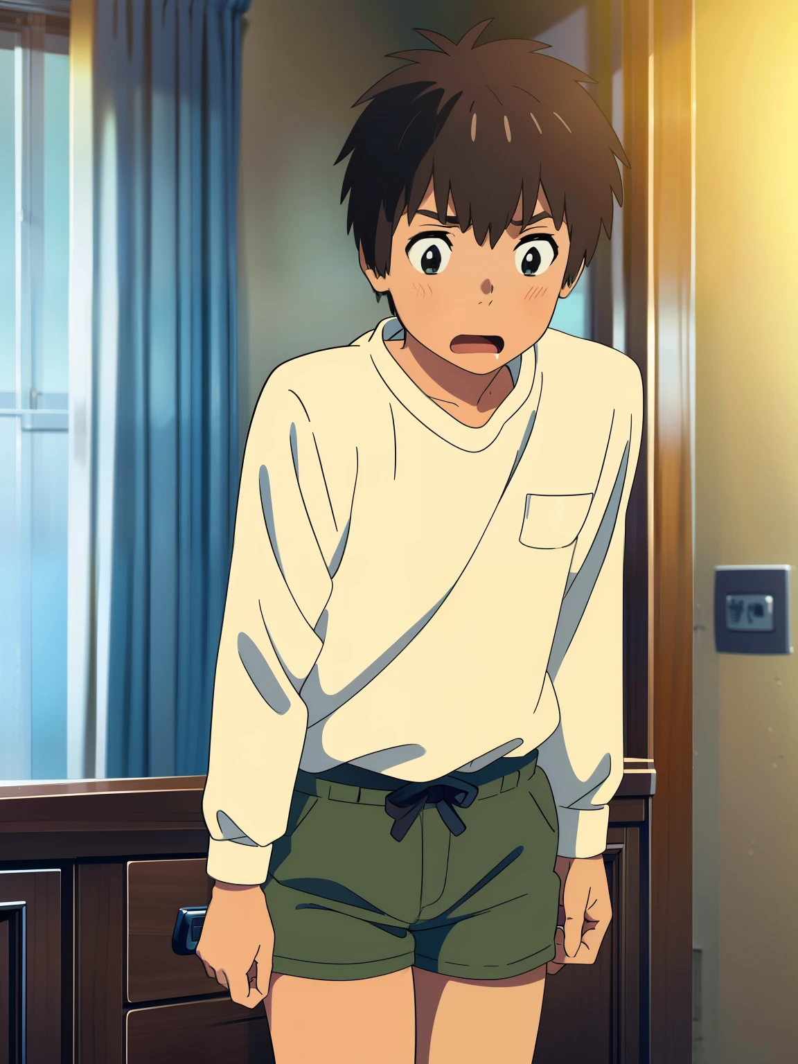 highres,Masterpiece， Best quality at best,Best Quality,hight quality, hight detailed, realistic, , Anime style, 1boy,  Boy, indoor, Cheerful boy, Shirt,Taki Tachibana, boy focus, Shorts