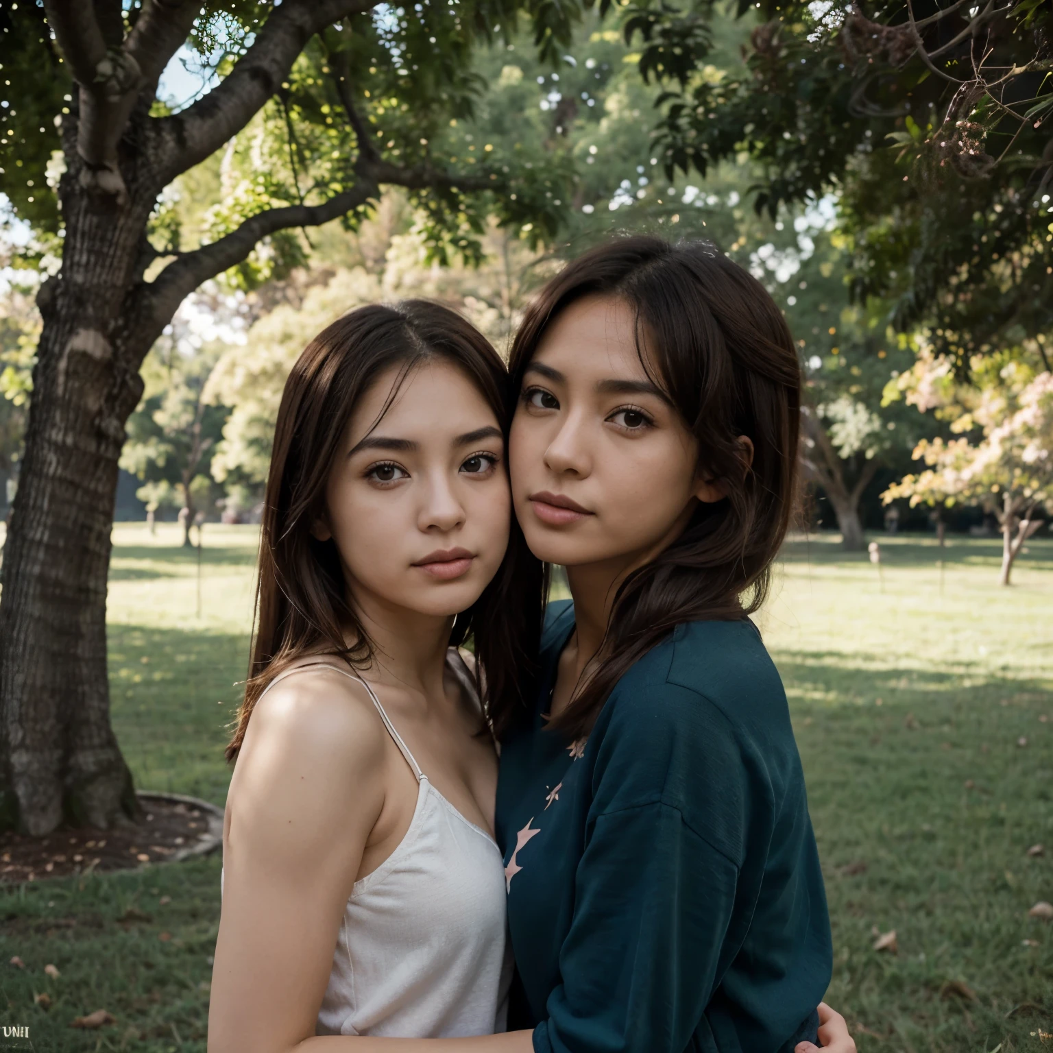 ultra calidad, obra maestra, animado, 2d, animation, Japanese-style art, manga japonesa colorida, 2 chicas, cabello rubio medio y ojos lilas, medium brown hair and brown eyes, ropa casual, falda, camiseta, vestido, French kiss, beso en la boca, beso de lengua, intimate, NSFW, salivas, de pie, caras sonrojadas, Ojos cerrados, noche, dark lighting, estrellas, luna, Banco, trees,  verde, grass, parque  
