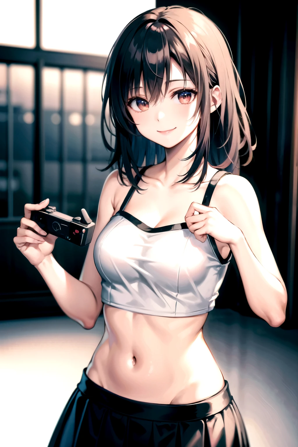 ((Masterpiece)),((High quality)),((High resolution)),((Extremely accurate and detailed representation of the human body)), Wearing a short white camisole on the upper body, gray pleated skirt on the lower body, exposing the navel. Holding a game controller in the right hand. Medium-length hair, narrow-eyed, slim, small-chested woman of 25 years old, with a triumphant smile.