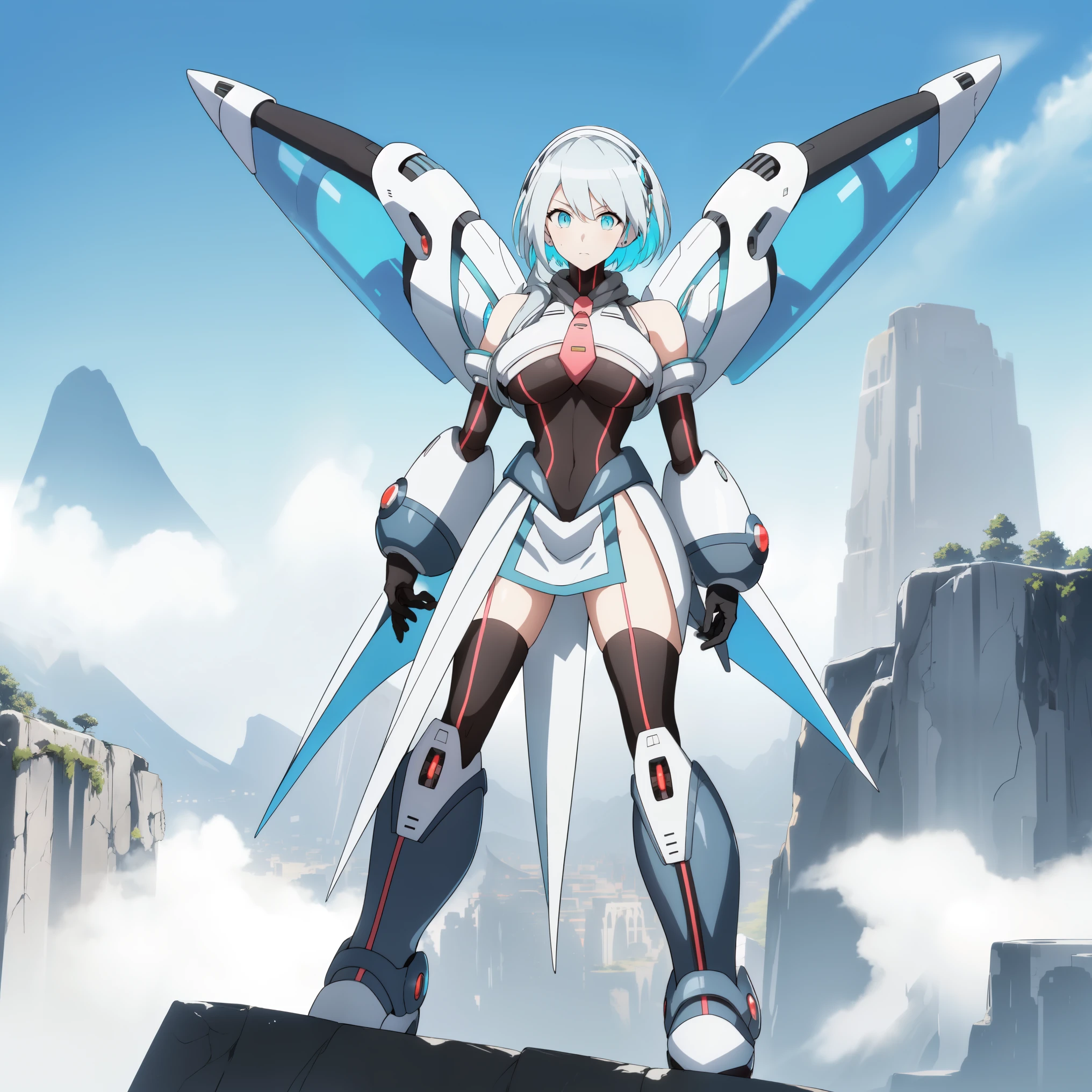 ico_megamanxdive, 1girl, blue eyes, solo, white hair, android, large breasts, black gloves, short hair, thighhighs, necktie, high quality, masterpiece, standing on a hill with mountains around him, in the style of anime art, imposing monumentality, translucent immersion, grandeur of scale, i can't believe how beautiful this is, light black and azure, grandiose ruins