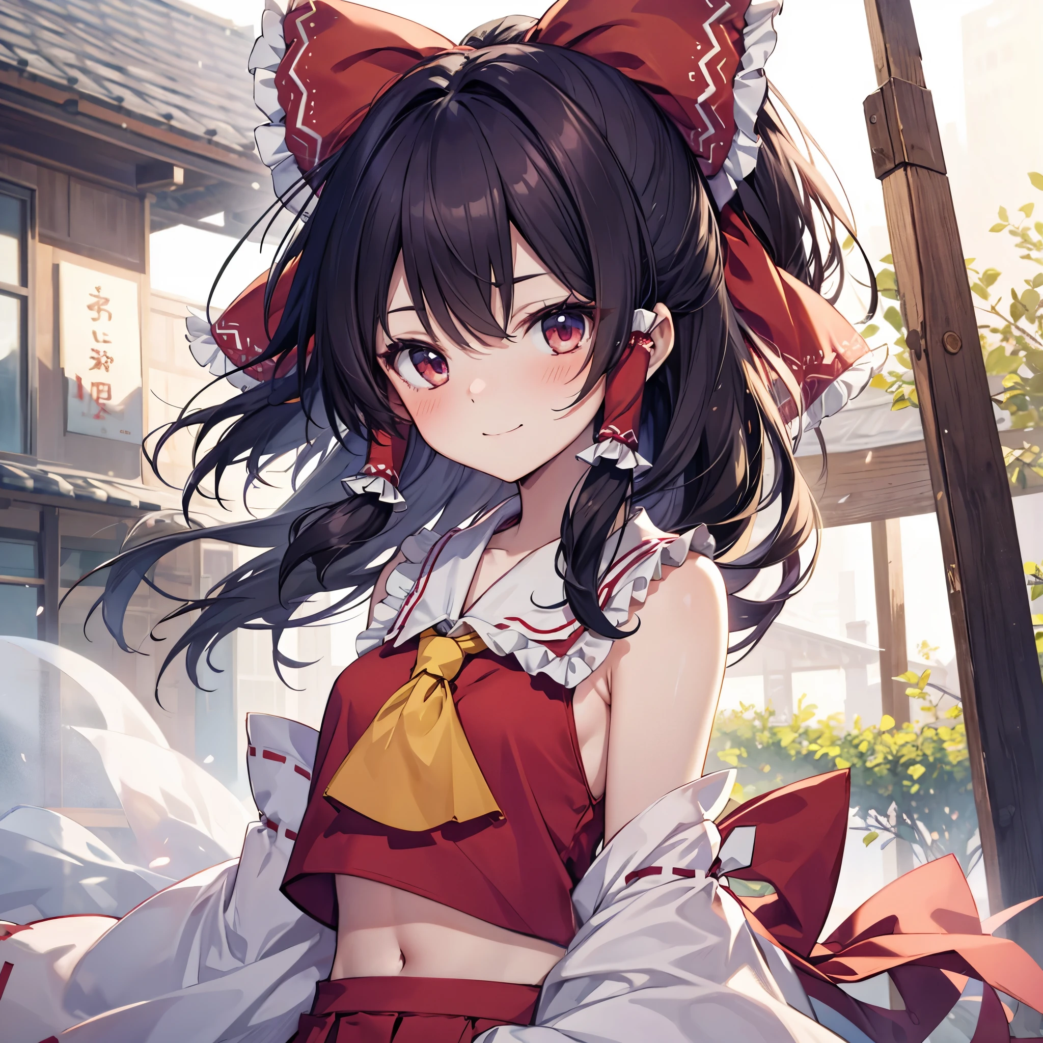 Hakurei Reimu,Toho Project, smile, Blush , half body, extra long hair