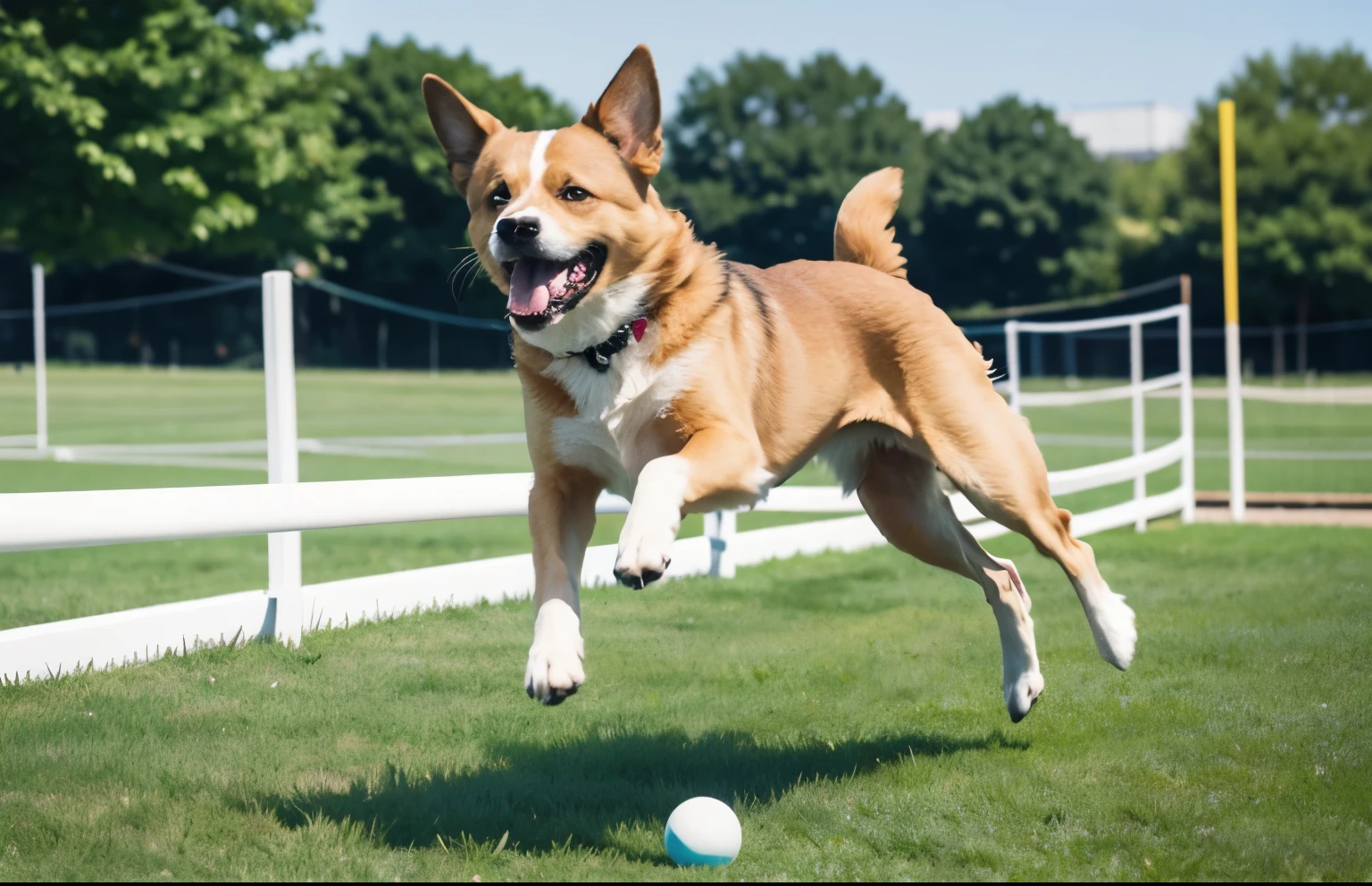 Happy dog playing on the grass，jumping obstacle pole