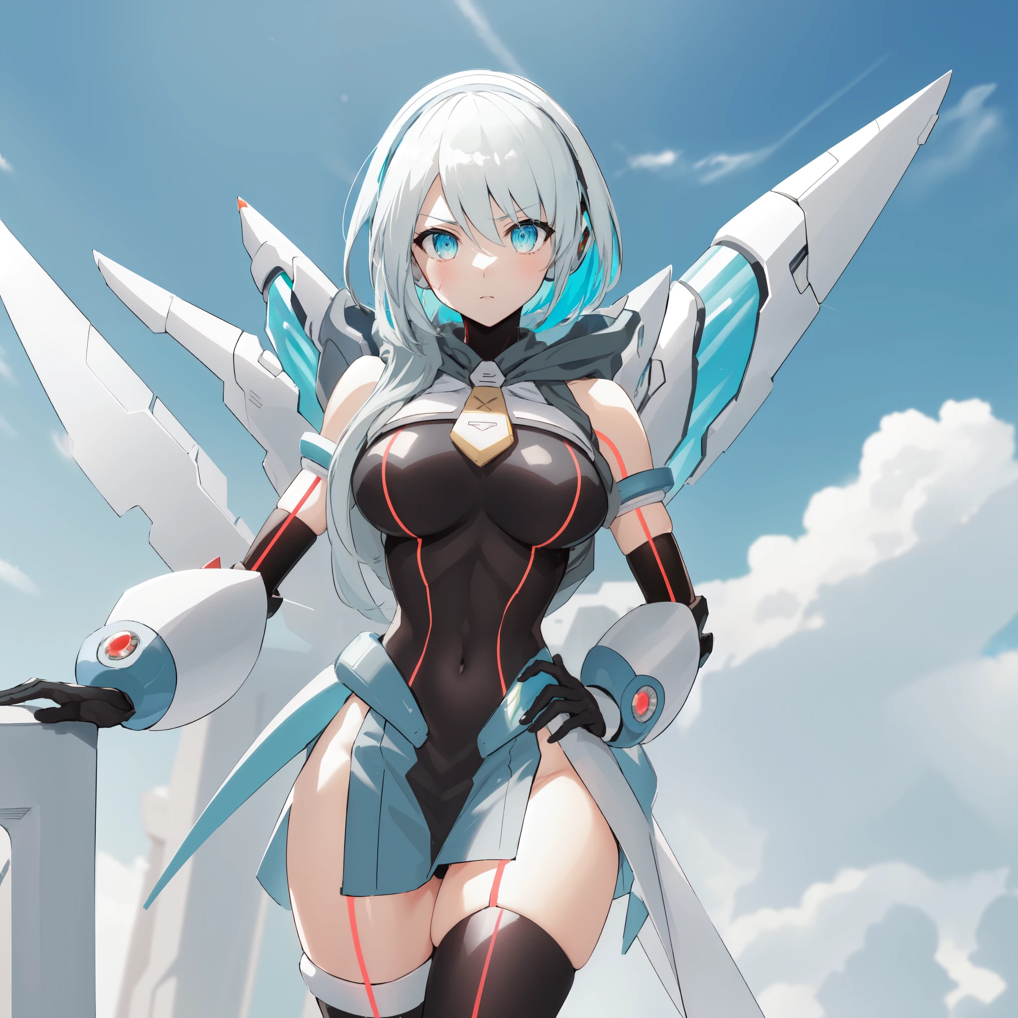 ico_megamanxdive, 1girl, blue eyes, solo, white hair, android, large breasts, black gloves, short hair, thighhighs, necktie, high quality, masterpiece, standing on a hill with mountains around him, in the style of anime art, imposing monumentality, translucent immersion, grandeur of scale, i can't believe how beautiful this is, light black and azure, grandiose ruins