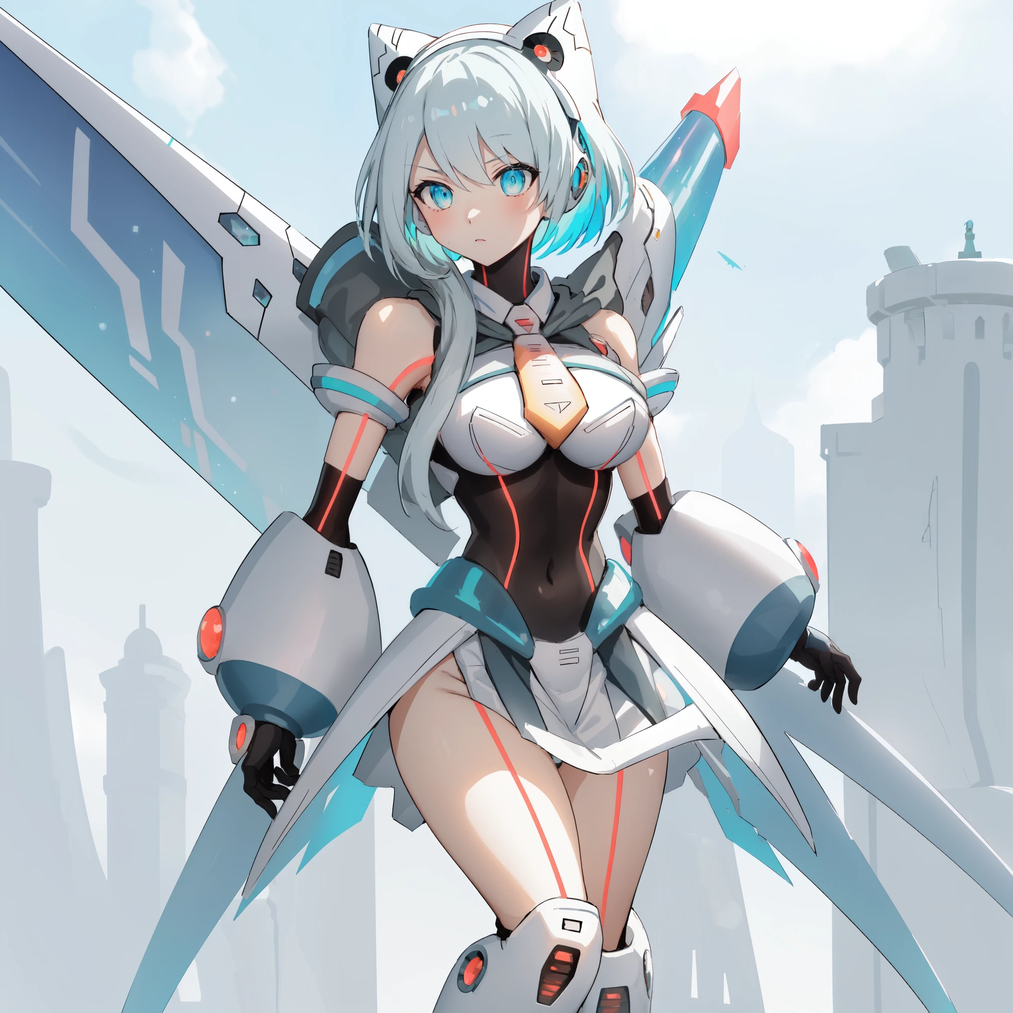 ico_megamanxdive, 1girl, blue eyes, solo, white hair, android, large breasts, black gloves, short hair, thighhighs, necktie, high quality, masterpiece, standing on a hill with mountains around him, in the style of anime art, imposing monumentality, translucent immersion, grandeur of scale, i can't believe how beautiful this is, light black and azure, grandiose ruins