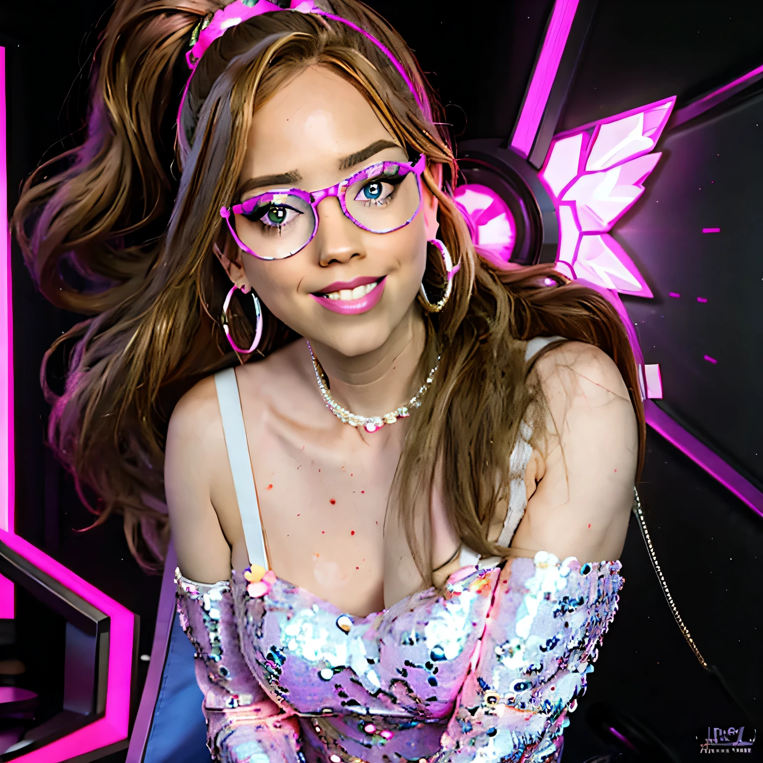 jessicagraham 1girl, a cute girl wearing a sequined little black dress and purple high heels encrusted with diamonds, flowers in her hair, pink ribbon tied to her high pony tail, biting bottom lip, sexy and seductive look, sparkly eyes, round dark-framed eyewear, diamond bracelets, big hoop earrings, synthwave vibes, pink blue and purple neon lights and glows, brown hair, Surrealism, high detail, Futurism, backlighting, ray tracing, god rays, glowing light, sparkle, chromatic aberration, cinematic lighting, depth of field, motion lines, UHD, masterpiece, ccurate, super detail, best quality, 16k