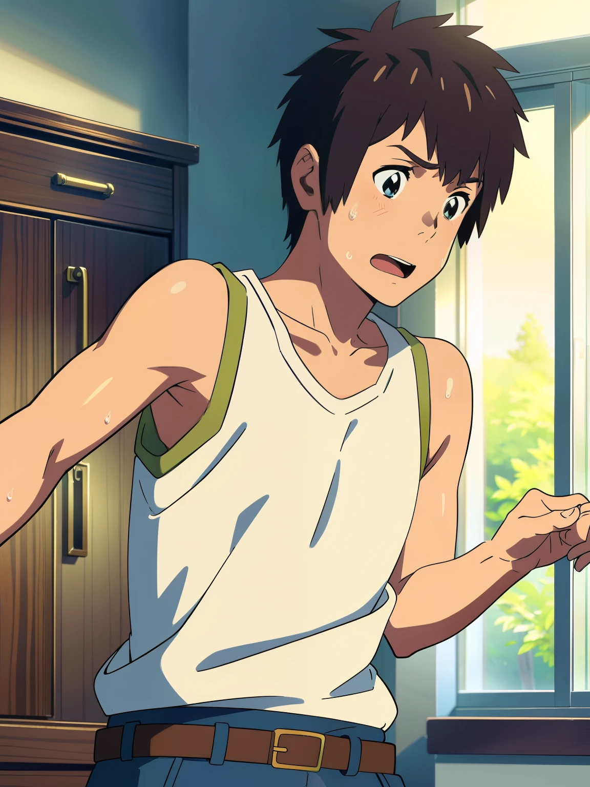 highres,Masterpiece， Best quality at best,Best Quality,hight quality, hight detailed, realistic, , Anime style, 1boy, Little Boy, indoor, Cheerful boy, Tank top,Taki Tachibana, Body, Belt, Sweat, boy focus