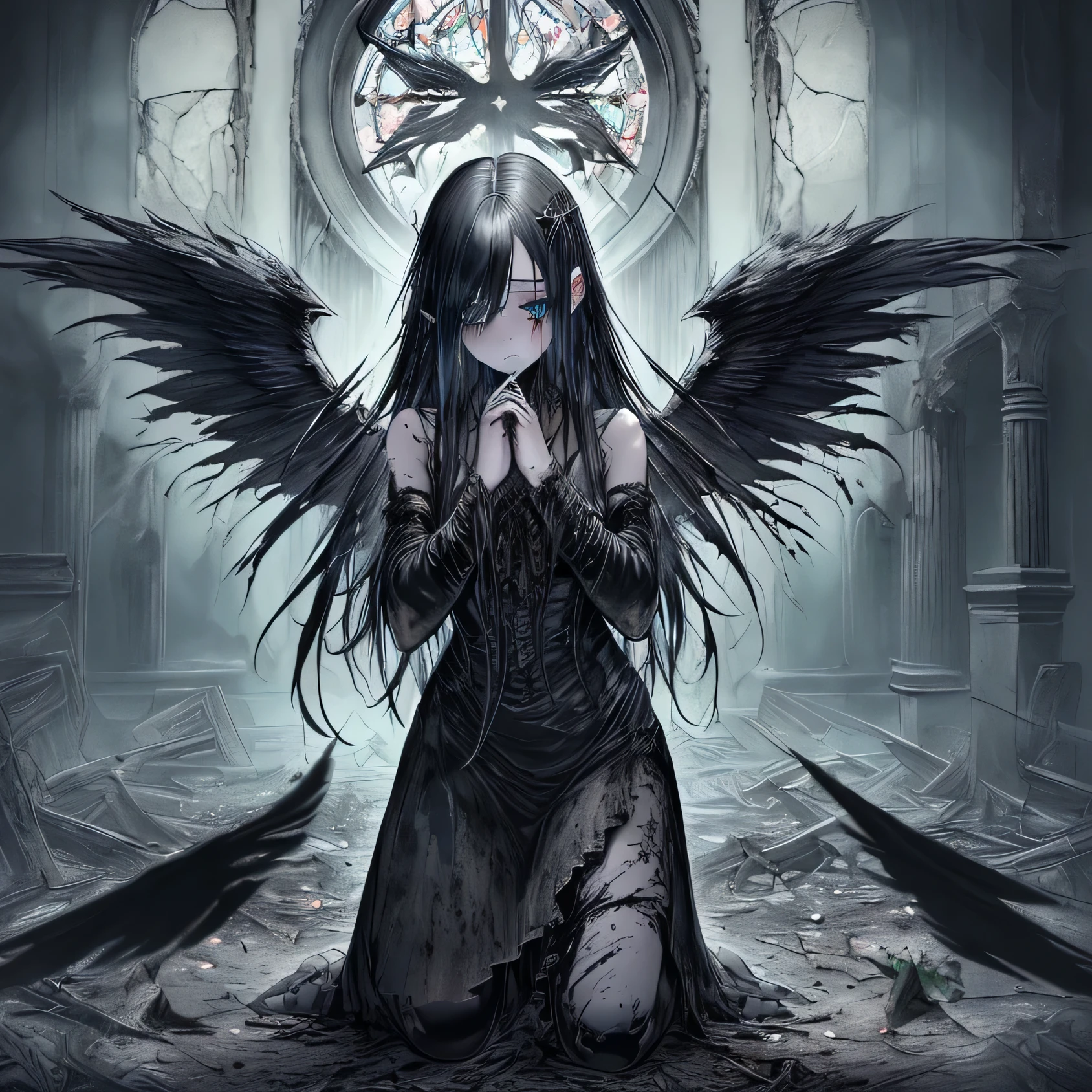 (highres,masterpiece:1.2),dark,fallen angel,wings,black feathers,lonely,sad eyes, tear drop,ethereal beauty,long flowing hair,forgotten,decaying ruins,moonlit sky,dark magic,gloomy atmosphere, sad expression,lost paradise,fractured wings,eternal sadness,beautifully broken,vivid colors,abandoned cathedral,distant memories