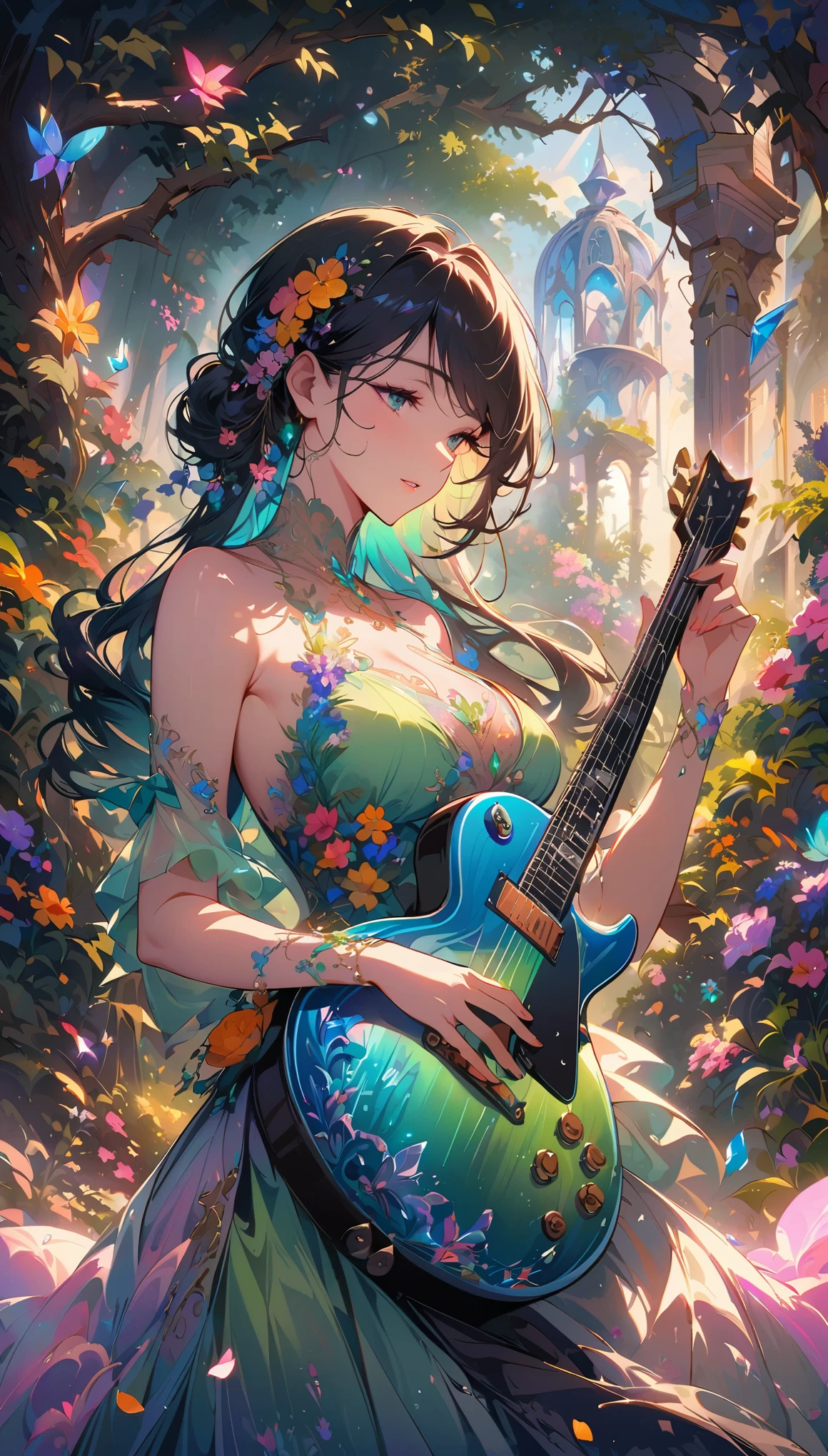 crystal-clear guitar carving,translucent morning of spring,sunlight reflection on guitar,body details,delicate strings,vibrant color palette,sculpting tools,hourglass figure,sound holes,elegant curves,polished surface,delicate engravings,effects of light and shadow,subtle reflections,shimmering surface,sparkling gemstones,flower petals falling,floral patterns,emerald accents throughout,transparent springtime essence,ethereal atmosphere,peaceful garden background,serene ambiance,morning dew,soft sunlight filtering through trees,lush greenery,vividly colored blossoms,harmonious blend of nature and art,impeccable craftsmanship,transcendent beauty,awe-inspiring artwork