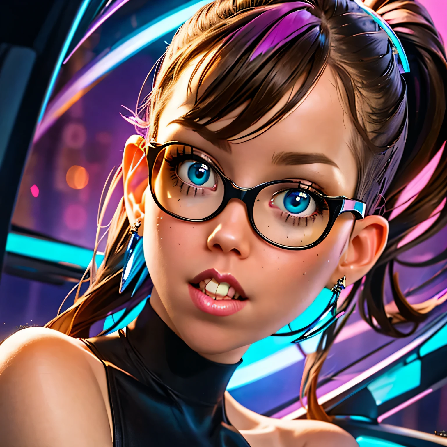 coopie 1girl, a cute girl wearing a sequined little black dress and purple high heels encrusted with diamonds, flowers in her hair, pink ribbon tied to her high pony tail, biting bottom lip, sexy and seductive look, sparkly eyes, round dark-framed eyewear, diamond bracelets, big hoop earrings, synthwave vibes, pink blue and purple neon lights and glows, brown hair, Surrealism, high detail, Futurism, backlighting, ray tracing, god rays, glowing light, sparkle, chromatic aberration, cinematic lighting, depth of field, motion lines, UHD, masterpiece, ccurate, super detail, best quality, 16k