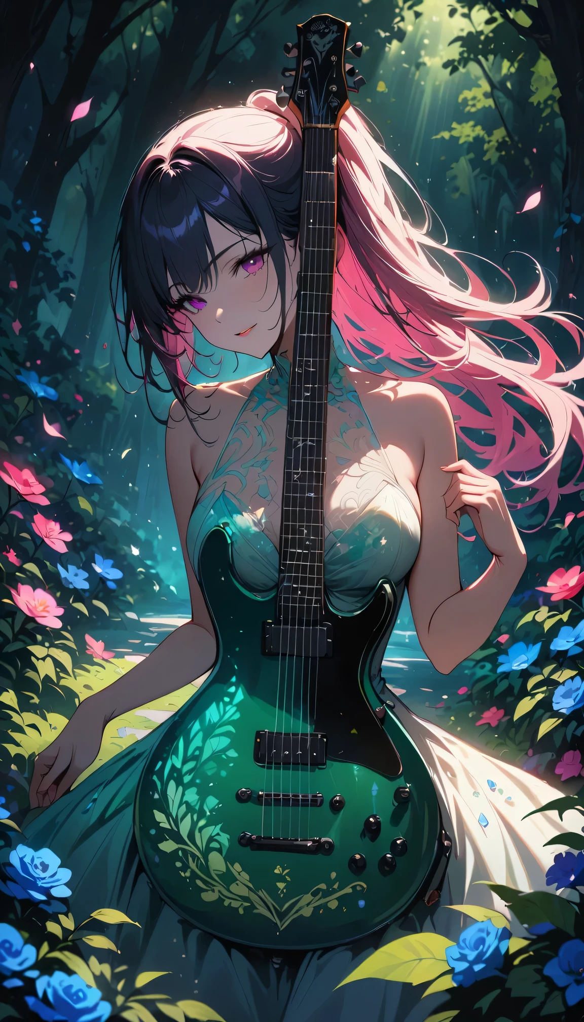 (best quality,4k,8k,highres,masterpiece:1.2),ultra-detailed,realistic,crystal-clear guitar carving,translucent morning of spring,sunlight reflection on guitar,body details,delicate strings,vibrant color palette,sculpting tools,hourglass figure,sound holes,elegant curves,polished surface,delicate engravings,effects of light and shadow,subtle reflections,shimmering surface,sparkling gemstones,flower petals falling,floral patterns,emerald accents throughout,transparent springtime essence,ethereal atmosphere,peaceful garden background,serene ambiance,morning dew,soft sunlight filtering through trees,lush greenery,vividly colored blossoms,harmonious blend of nature and art,impeccable craftsmanship,transcendent beauty,awe-inspiring artwork
