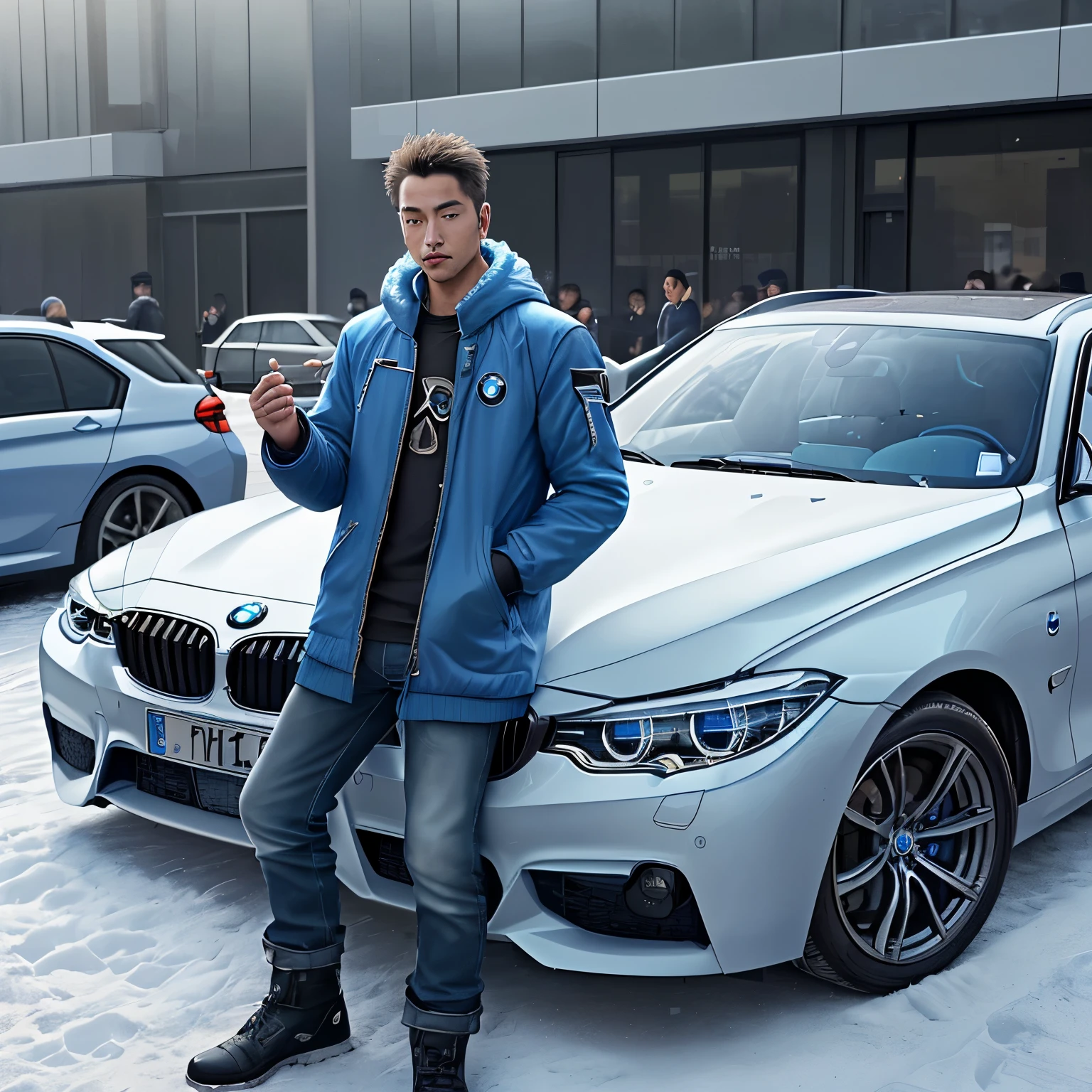 Asia, 1junger Mann, Bart, Stands outside, has a coin in his hand, The symbol pi is written on the coin, blaue Jacke, Schnee im Hintergrund, Sonne oben, blauer Himmel, behind him nice car, bmw, ist stolz, Happy