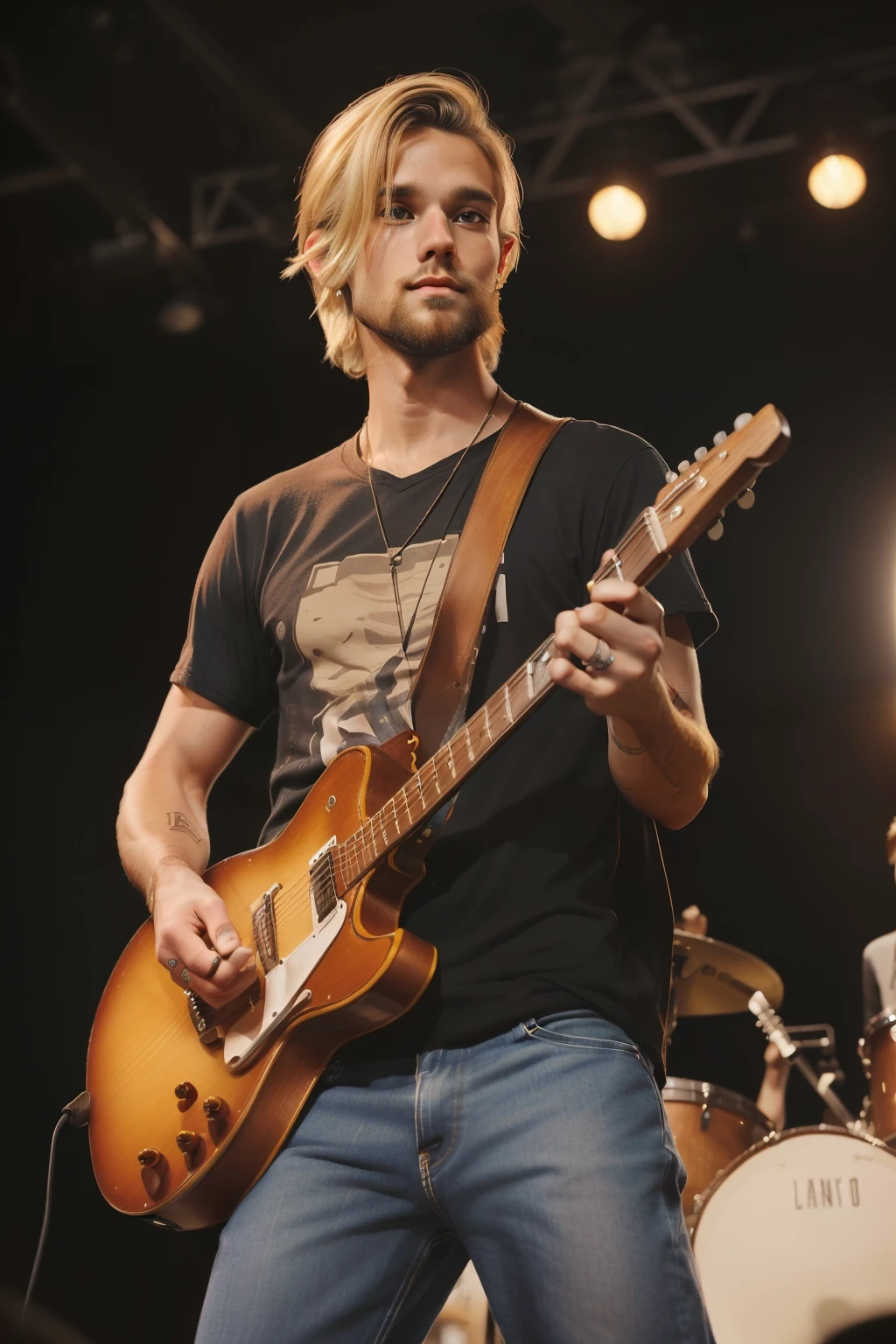Little Wing, Wisconsin, 2014. A young ((((30-year-old)) Lee Bodecker)), tall, lean, angular jawline, stricking features, charismatic, free-spirited, musician, giving a concert. ((((hipster clothings from the 2010s)))), ((unkempt stylish blonde hairstyle of the 2010s))