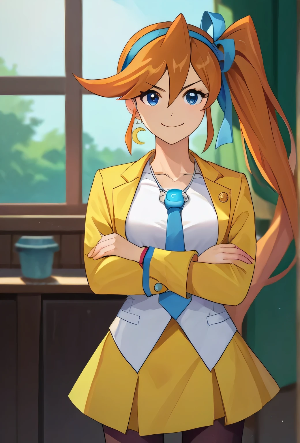 score_9, score_8_up, score_7_up, source_anime, solo, 1girl, athena cykes, smile, looking at viewer, crossed arms, side ponytail, hair ribbon, v-shaped eyebrows, yellow jacket, white shirt, blue necktie, yellow skirt, black pantyhose, jewelry, necklace, crescent earrings, indoors 