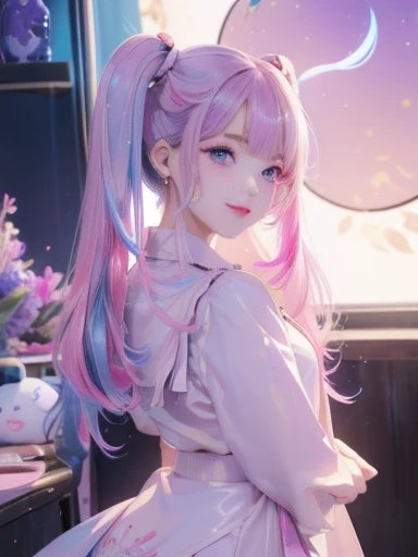 big butt、full body photo、 (With two people:1.5,)Super detailed,明るいcolor, very beautiful detailed anime face and eyes, look straight,  shiny_skin,girl, (((虹colorの髪, colorful hair, Half blue、half pink hair: 1.2)))、shiny hair, delicate beautiful face, blush、(turquoise eyes), White skin, Valletta, earrings,、full moon、starry sky、(((Floral、黄color、、purple、checked mini skirt,)))、twin tails、smile、happy face、face dyed red、color々pose、Glasses