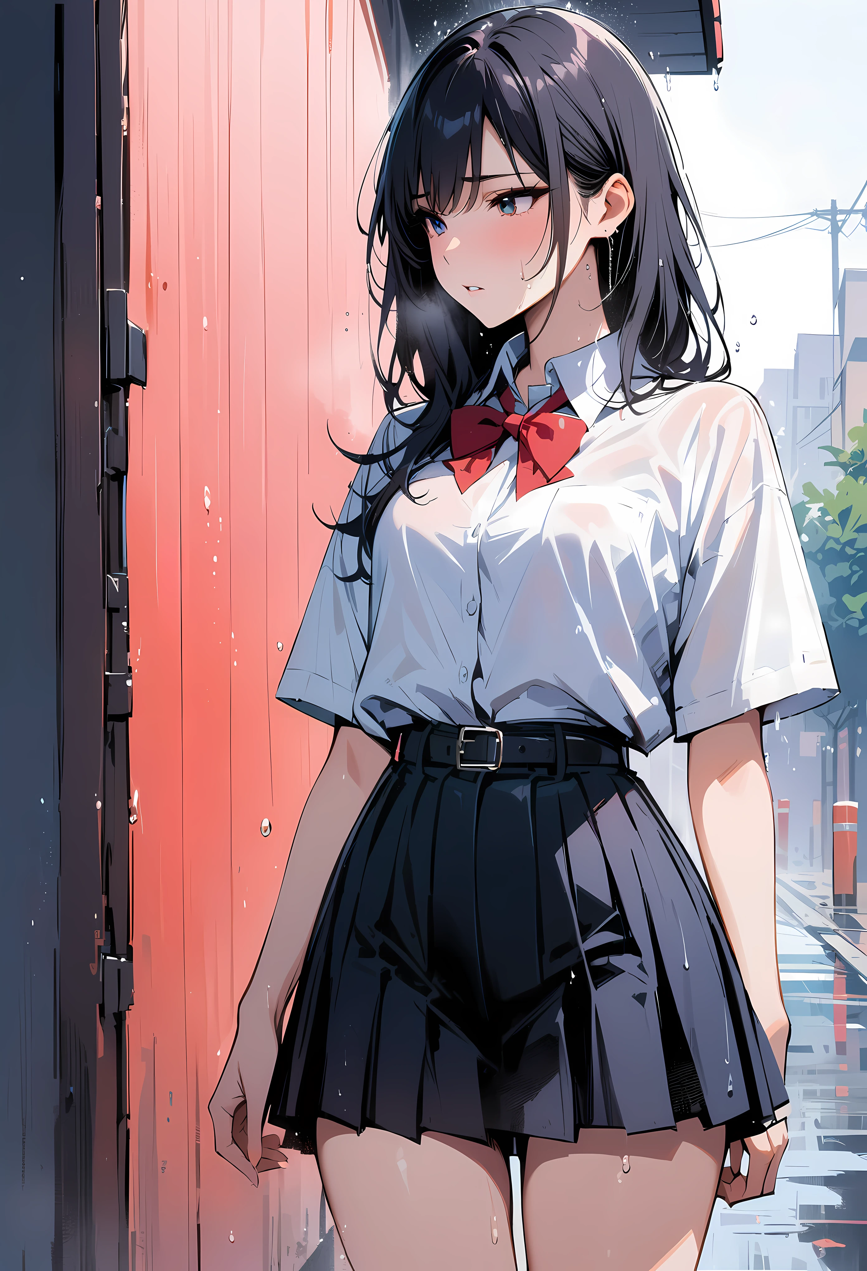 (masterpiece, best quality:1.2), 1 girl, alone , sexy , (school uniform), (cowboy shot) , black hair ,Sweat, rainy