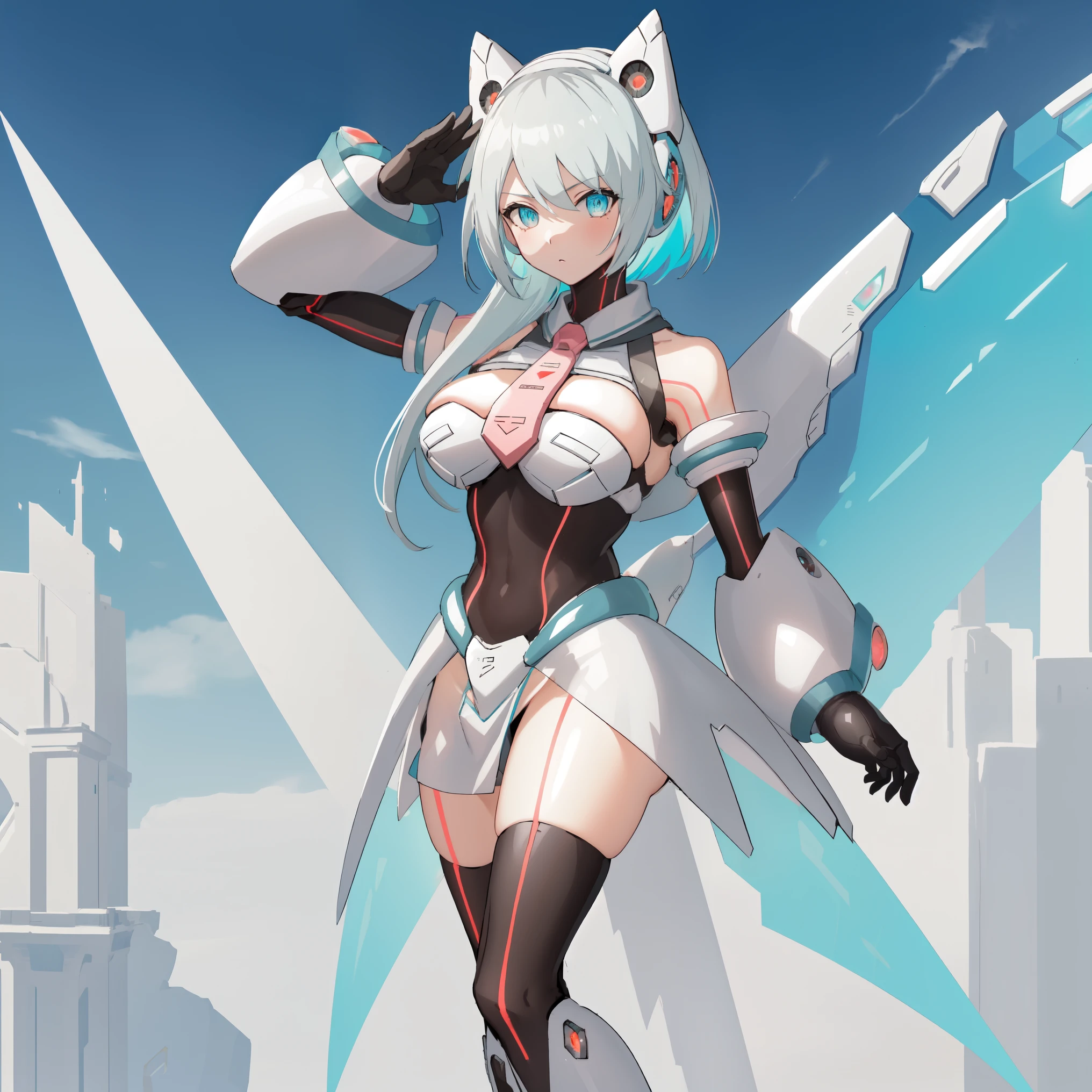 ico_megamanxdive, 1girl, blue eyes, solo, white hair, android, large breasts, black gloves, short hair, thighhighs, necktie, high quality, masterpiece, standing on a hill with mountains around him, in the style of anime art, imposing monumentality, translucent immersion, grandeur of scale, i can't believe how beautiful this is, light black and azure, grandiose ruins