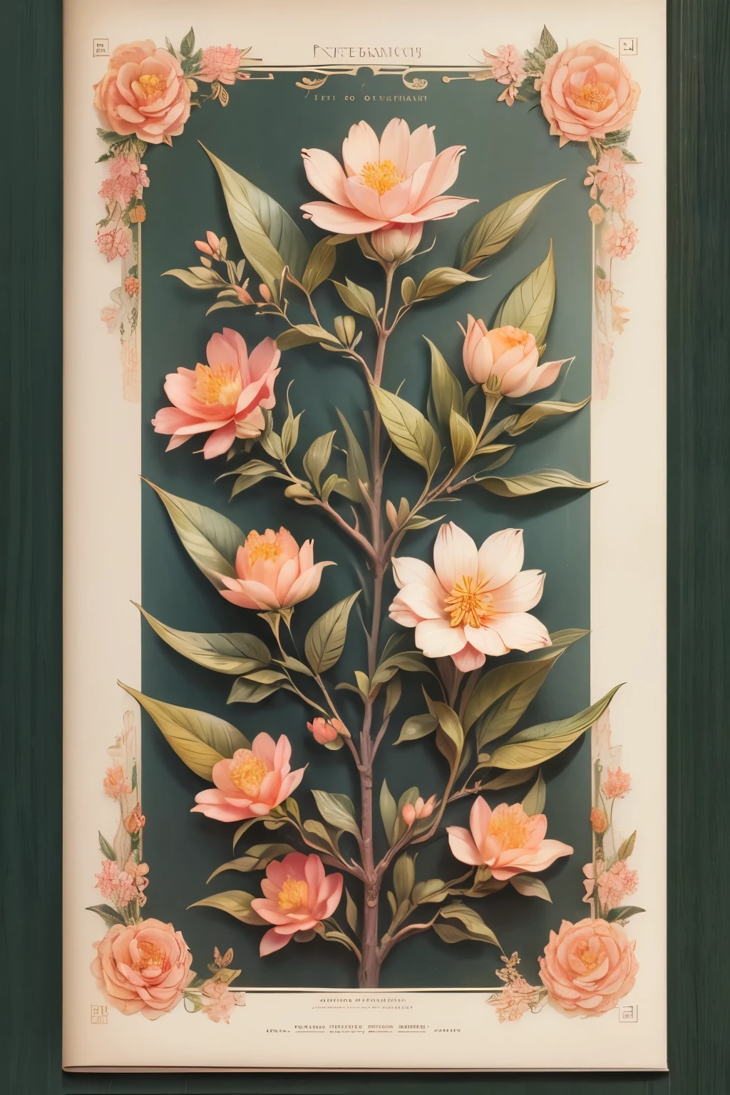 Retro Victorian style　An accurate encyclopedia of plants (best quality:1.2), (detailed:1.2), (masterpiece:1.2), Vintage botanical illustration of peach, peach blossom