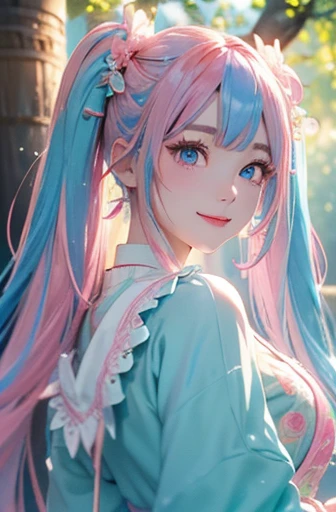 The arrival of autumn、big butt、 (alone:1.5,)Super detailed,明るいcolor, very beautiful detailed anime face and eyes, look straight, ;d, shiny_skin,girl, (((虹colorの髪, colorful hair, Half blue、half pink hair: 1.2))), 、forehead is exposed.、green eyes、、shiny hair, delicate beautiful face, blush、(turquoise eyes), White skin, Valletta, earrings,、sunset、forest road、(((Floral、黄color、細かいフリルが付いた青いFloralロリータドレス,)))、twin tails、smile、happy face、face dyed red、color々pose、Full body portrait from head to toe、