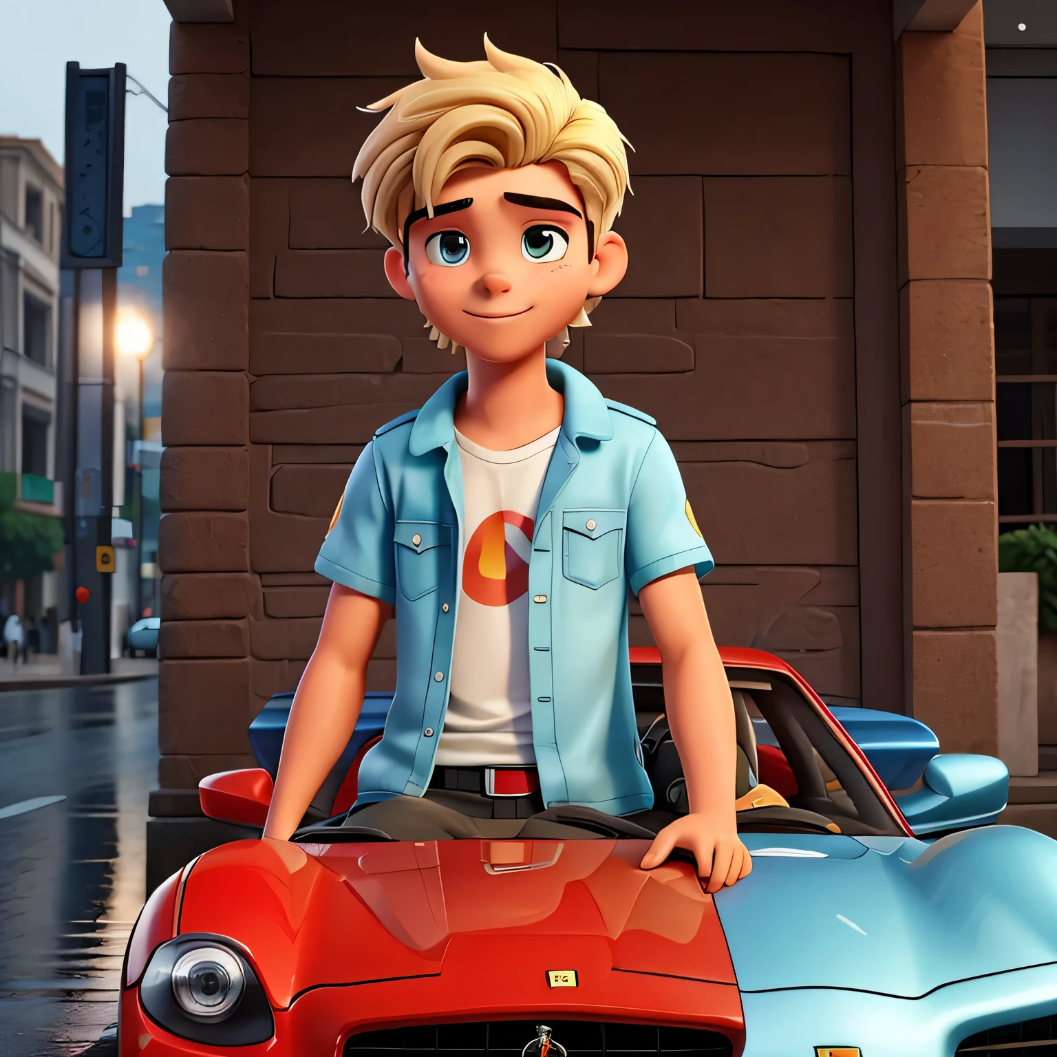 Descreva a cena de um jovem loiro com capuz , with cell phone in hand in front of the car . He is a young man who is a TikTok marketer. Do this young blonde with the Ferrari in the rain , parado na rua .