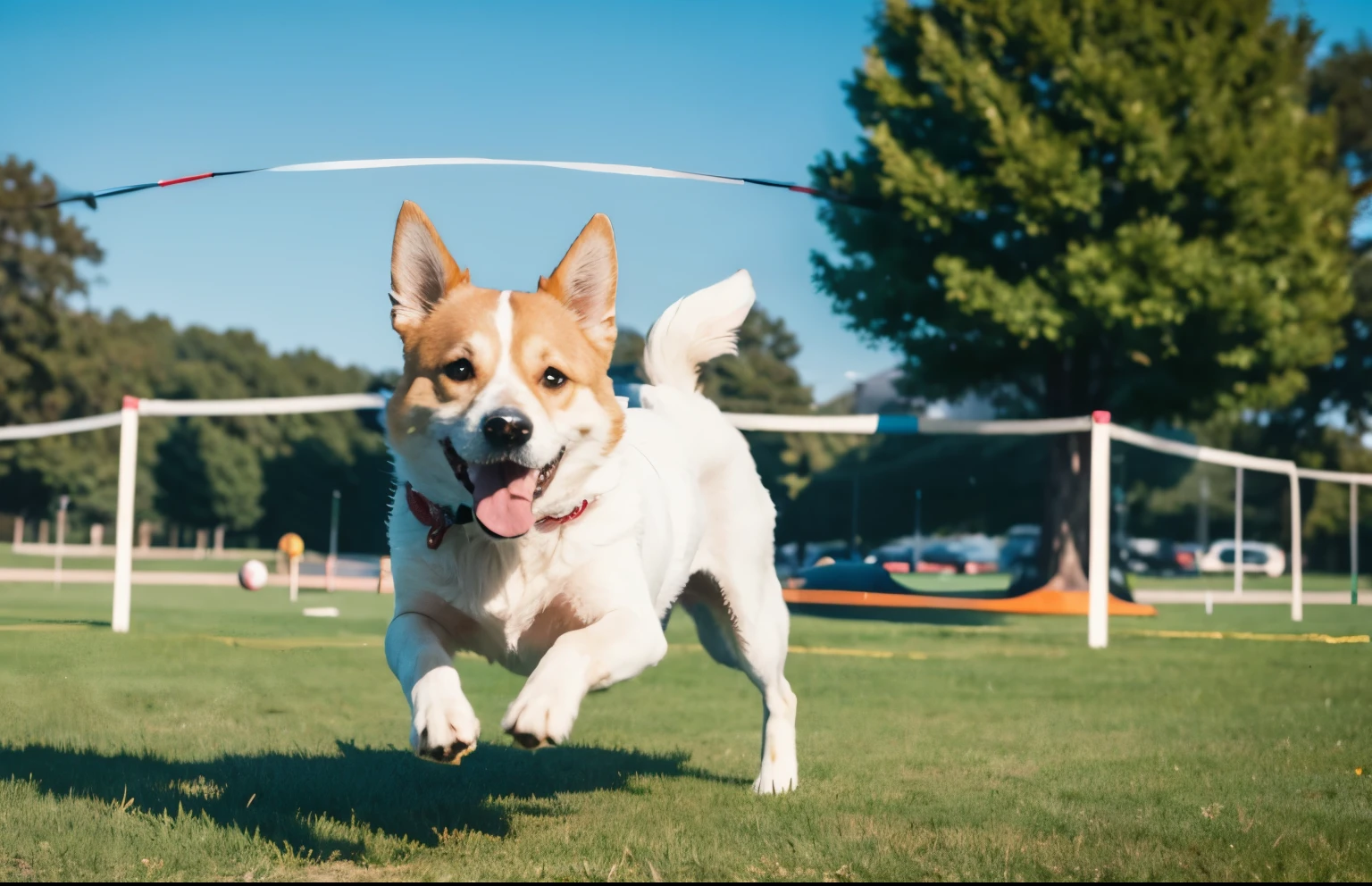 Happy dog playing on the grass,jumping obstacle pole