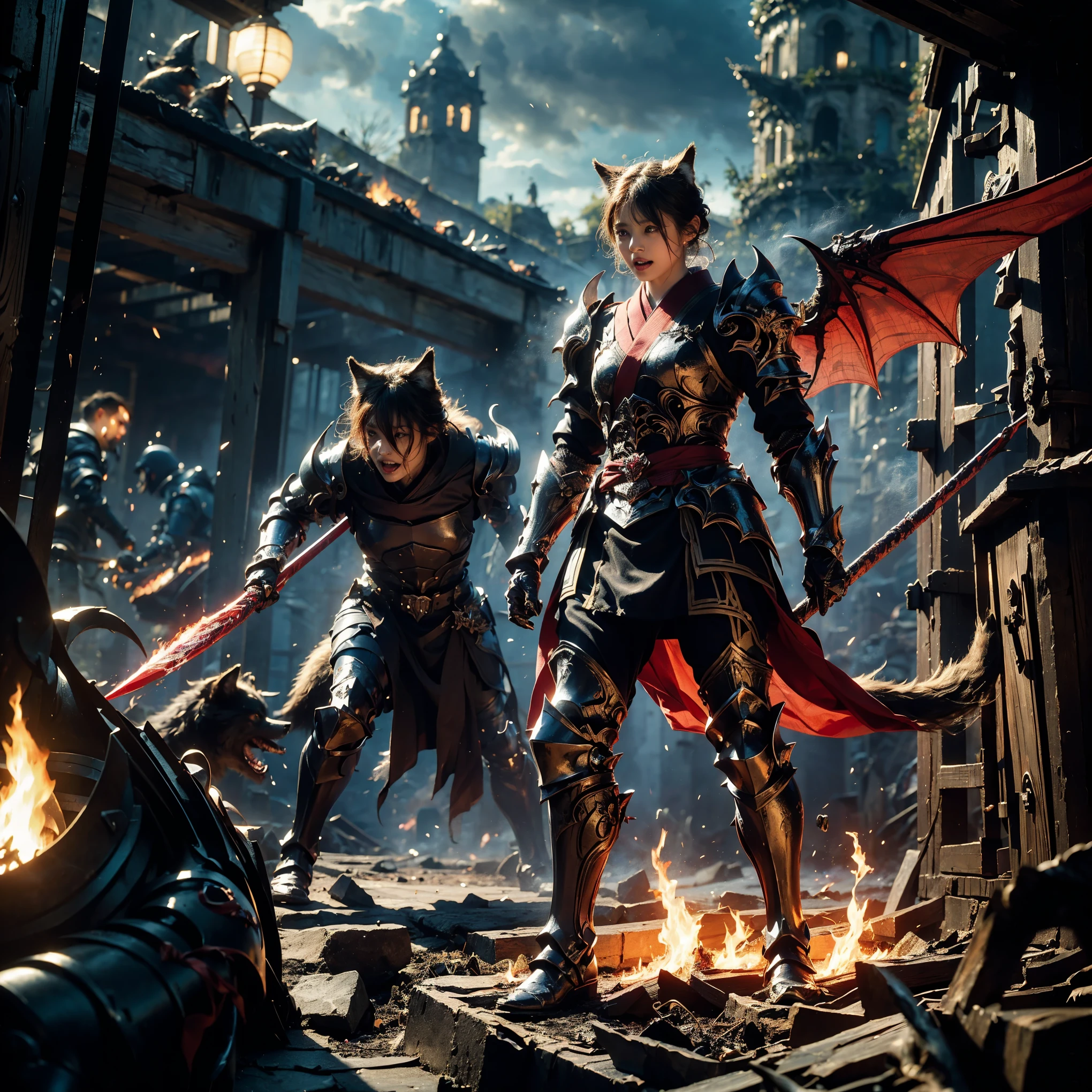 (((Realistic, masterpiece, best quality, crisp detail, high definition, high detail, very rich detail, sharp focus, sharp detail, colorful, rich color, perfect studio lightning))), ((20 years old, beautiful devil, kasumi arimura, evil gothic make up, flying, floating)),(((in the middle of war, epic war scene, attack stance))), wearing (((beautiful decorated black heavy armor, dark dragon armor, decorated full body armor, fully armored beautiful kimono, wide fire diabolos wings))), (flying, holding giant blade, blood scattered face, blood tears, blood bath, blood shed), (((fire everywhere, blood everywhere, death everywhere, japan bakumatsu period, dead bodies,carcass,burned japanese castle, cerberus, three headed wolves, were wolves, hellish,chaos, inferno)) traditional village background, dark atmosphere, bloody night)