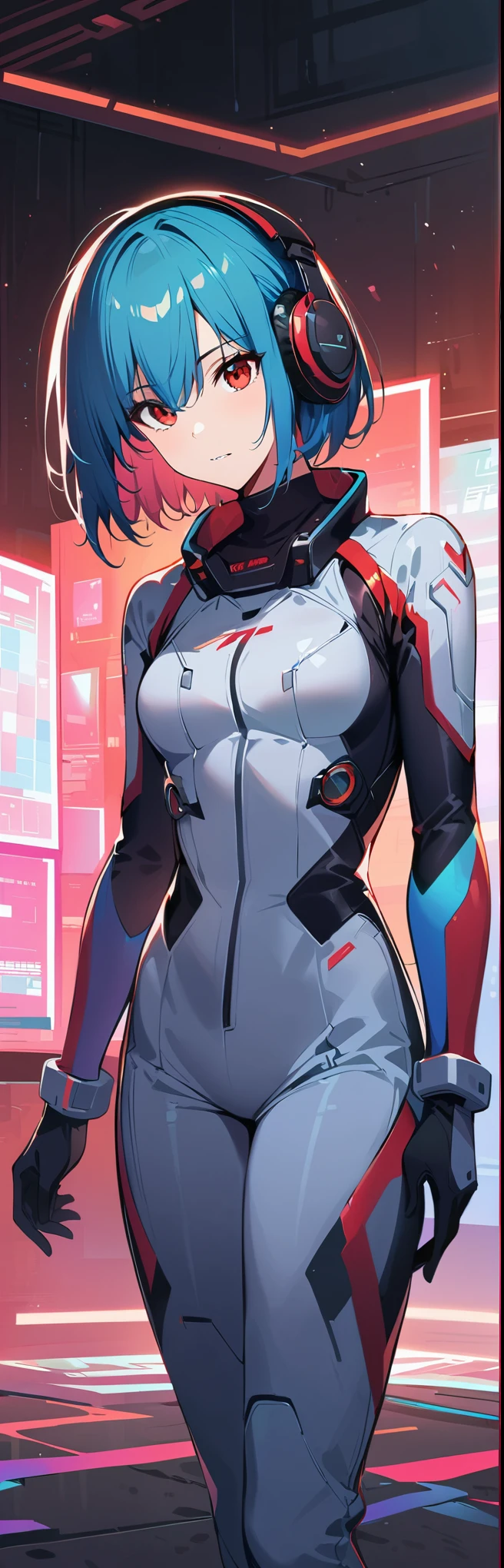 (best quality:1.2),1 girl,alone,permanent_,moss,National,white jumpsuit,Red eyes,pilot suit,short hair,blue hair,Bangs,interface headphone,turtleneck sweater,hair between eyes,Pixelated background,neon lights,sci-fi color scheme,bright colors,metallic feel,Detailed shadows,holographic interface,dark atmosphere,high contrast,sharp focus,strands of hair,Reflective surface,Exquisite details,high resolution,studio lighting,Red embellishment,lighting environment,Artificial Intelligence Assistant