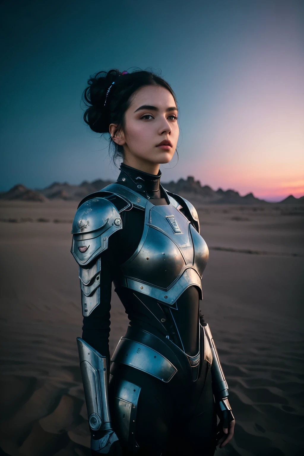((Best quality)), ((masterpiece)), (detailed), perfect face, girl, upper body shot, black futuristic cyborg armor with wires, dark hair bun, clear purple color sky, deserted planet landscape, surrealism, 8k, award winning photograph, (bella kotak style of photography, paolo roversi style, tim walker style)