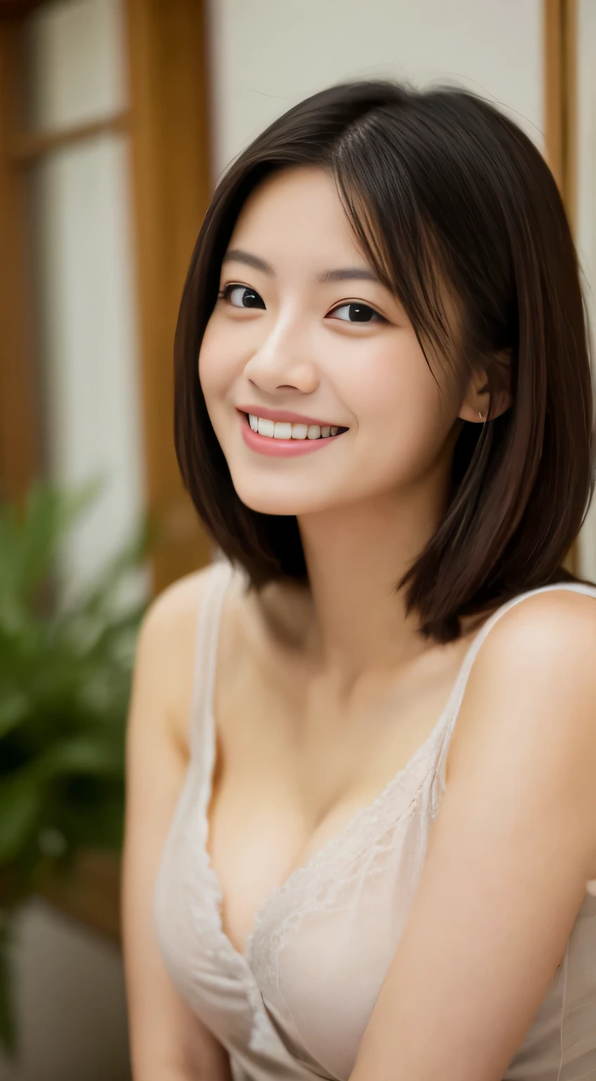 masterpiece,best quality,(Japanese ),((Beautiful girl)),cleavage,indoor,(perfect body beauty:1.2),(shy smile),beautiful teeth,