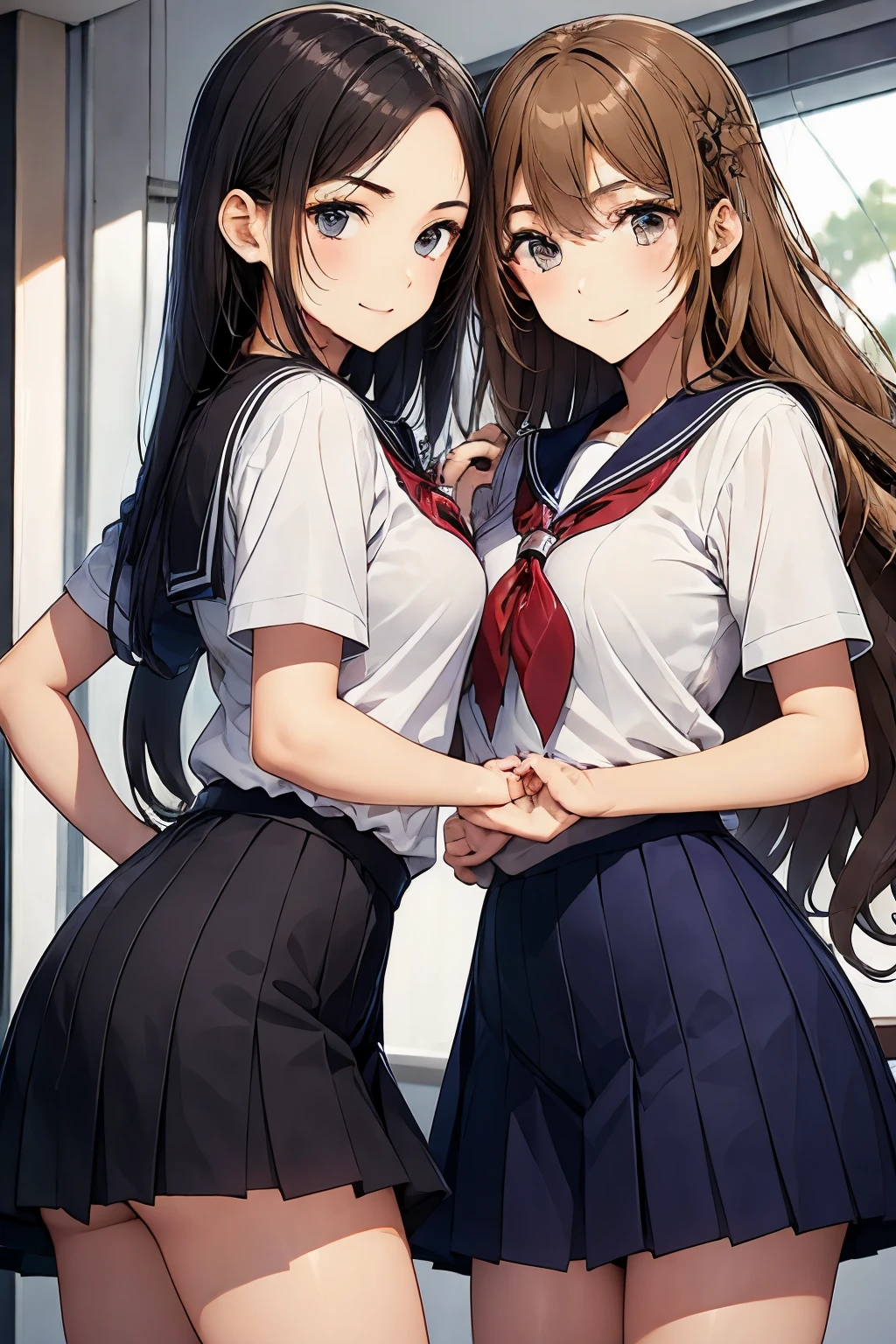 Two high school girls hugging each other、seductive smile、classroom