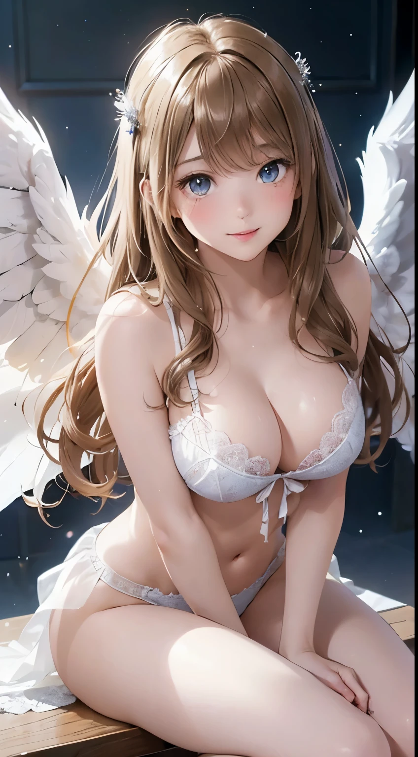 (table top: 1.3), (maximum resolution: 1.2), (Ultra HDTV: 1.2), cinematic light, Ultra HDTV, (fine eyes and skin), (detailed facial features), （nsfw）, 8K resolution, sharp focus: 1.2, perfect style, beautiful face, perfect body, Accurate, anatomically correct, Highly detailed face and skin texture, fine eyes, dark blue eyes, double eyelid, thin eyebrows, glitter eyeliner: 1.2, natural cheeks, Glossy skin, Fair skin: 1.2, , (glossy lips: 1.4), break, one person&#39;s perspective, (She is a very cute female teacher.), (Light yellow lace panties), (enchanting smile: 1.2), ((innocent and cute girl:1.3)), (long hair), (light brown hair:1.2),  ((very close relationship: 1.2)), medium chest, ((looking at the viewer:1.2)),  woman with big white wings, full body angel, （Silver Armor 1.2）,knight girl, valkyrie, goddess.  mysterious valkyrie, beautiful angel,  magnificent white soft angel wings, futuristic city、Virtual space
