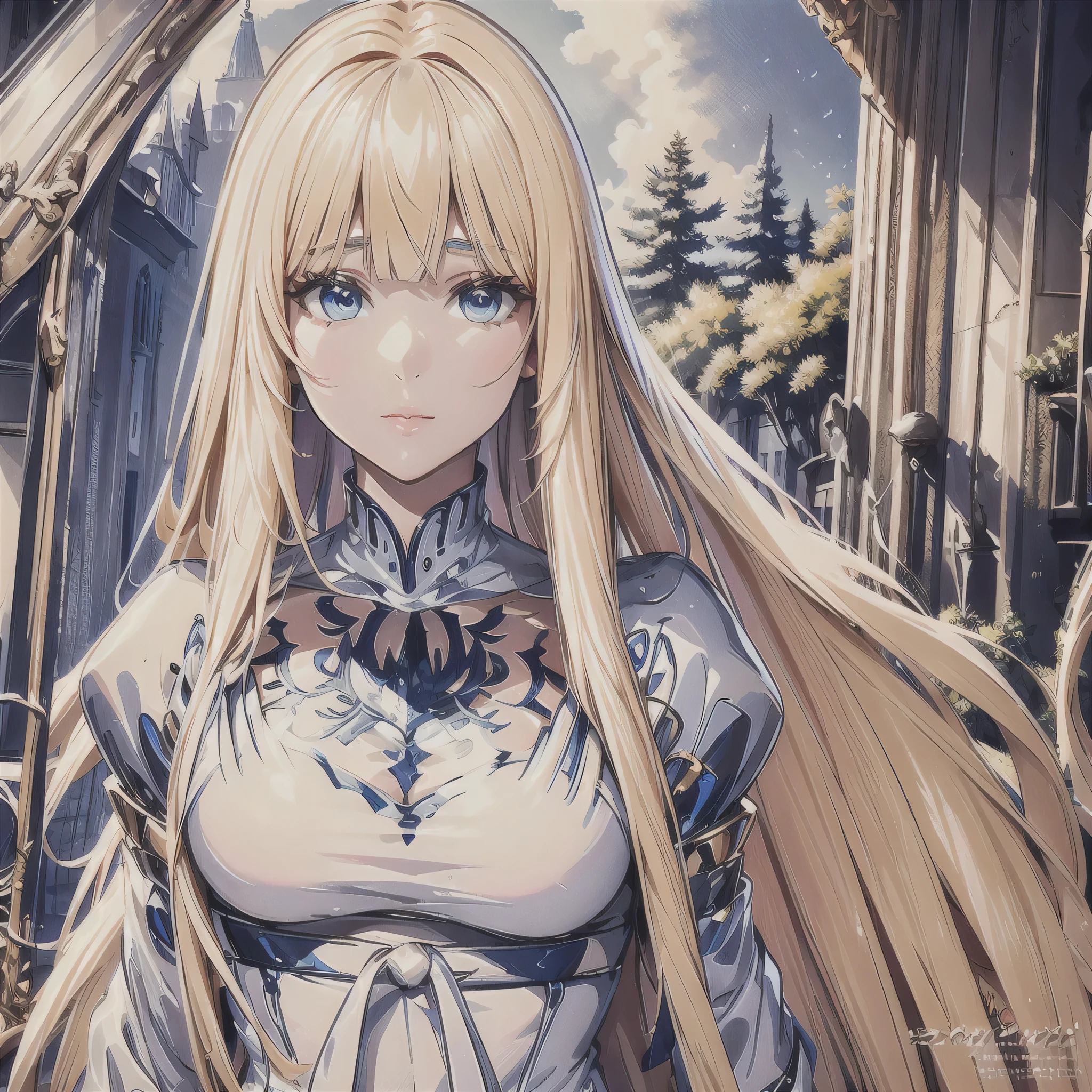 Masterpiece, best quality, official art, beautiful, lively texture, unique visuals, Magnificent details, cg.Very detailed, solidarity cooperation, 8K Wallpapers, Extremely beautiful Eyes, best quality, details first, very delicate, High quality, 1 girl,alone, Calcutta, Calcutta Bessarez, blonde hair, My hair is very long., My hair is very long., white crown, silver crown, white dress, blue eyes, Medium bust