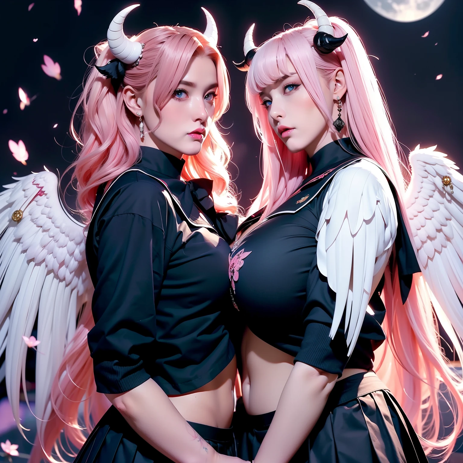 two women, Demons, oni horns, tattoo sleeves and piercings, accentuated super huge enormously gigantic tits (woman with school girl uniform and school girl skirt pink hair black horns moonlight eyes and black angel wings)(second woman with school girl uniform and school girl skirt blonde hair moonlight eyes golden horns and white angel wings) cherry blossoms blowing in the wind 
