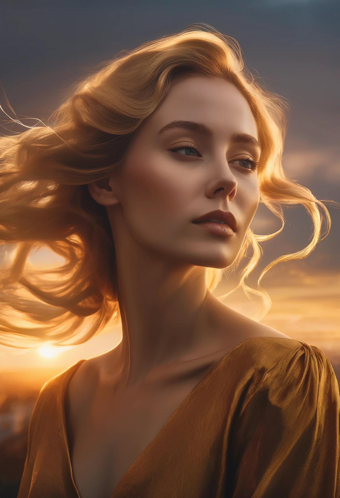 a cinematic composition where the lady's golden hair becomes a focal point amidst the twilight sky, its luminous strands intertwining with the hues of the setting sun, creating a captivating visual symphony.