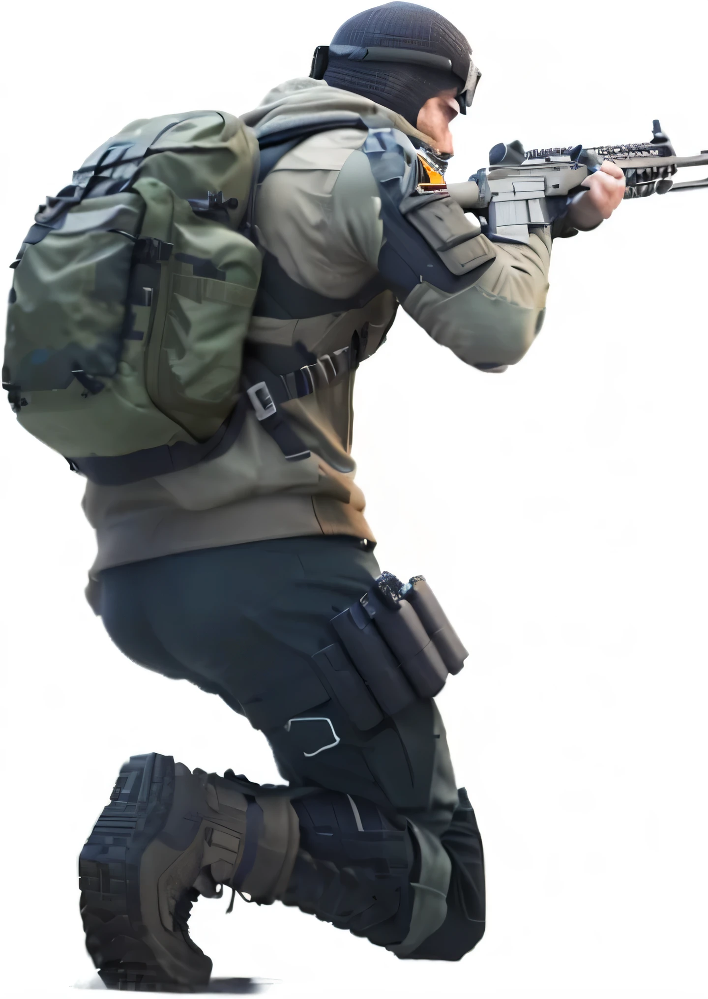 arafed Soldier with a rifle and a backpack is running, man is carry rifle, carry rifle, wearing Tactical equipment, carry survival equipment, fully armed, Tactical equipment, realistic military equipment, realistic Soldiers, future Soldier clothing, Capture 3D renderings in game, brandishing assault rifle, full Soldier clothing, carry, Soldier, SFM Rendering, Soldier outfit