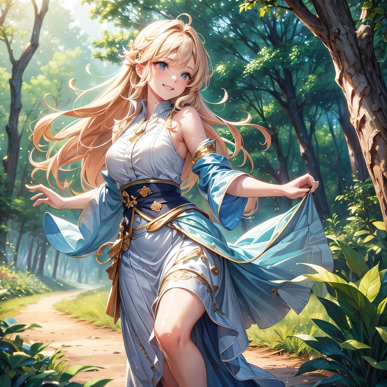 High resolution, (official art, Beautiful and beautiful: 1.2), close shot, wide world, girl, running, refreshing smile, long skirt, distant horizon, forest, natural beauty, inspiration, Light effect