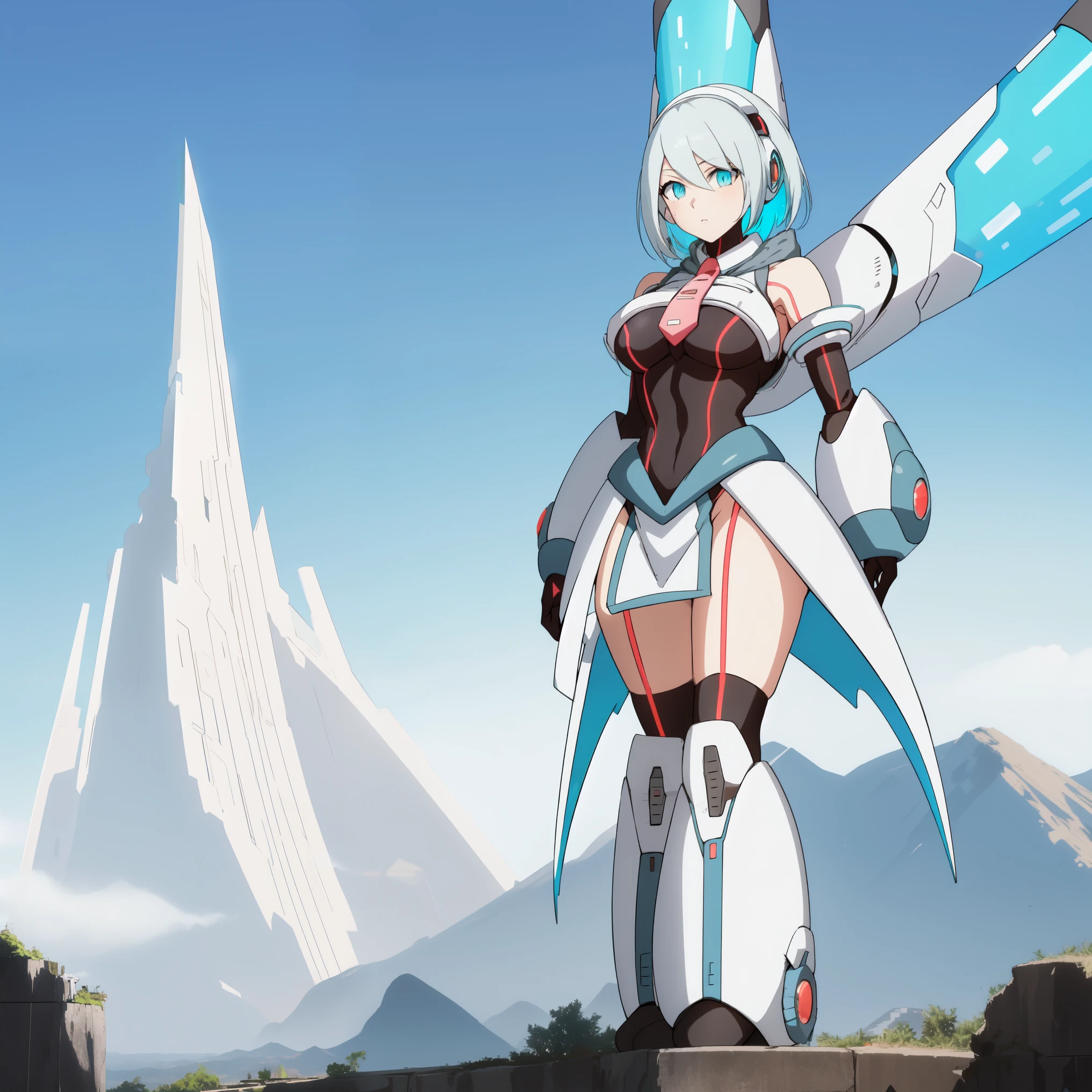 ico_megamanxdive, 1girl, blue eyes, solo, white hair, android, large breasts, black gloves, short hair, thighhighs, necktie, high quality, masterpiece, standing on a hill with mountains around him, in the style of anime art, imposing monumentality, translucent immersion, grandeur of scale, i can't believe how beautiful this is, light black and azure, grandiose ruins