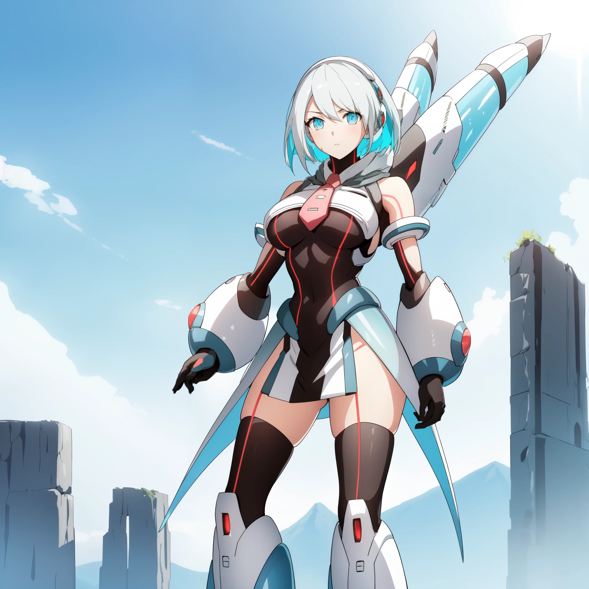 ico_megamanxdive, 1girl, blue eyes, solo, white hair, android, large breasts, black gloves, short hair, thighhighs, necktie, high quality, masterpiece, standing on a hill with mountains around him, in the style of anime art, imposing monumentality, translucent immersion, grandeur of scale, i can't believe how beautiful this is, light black and azure, grandiose ruins